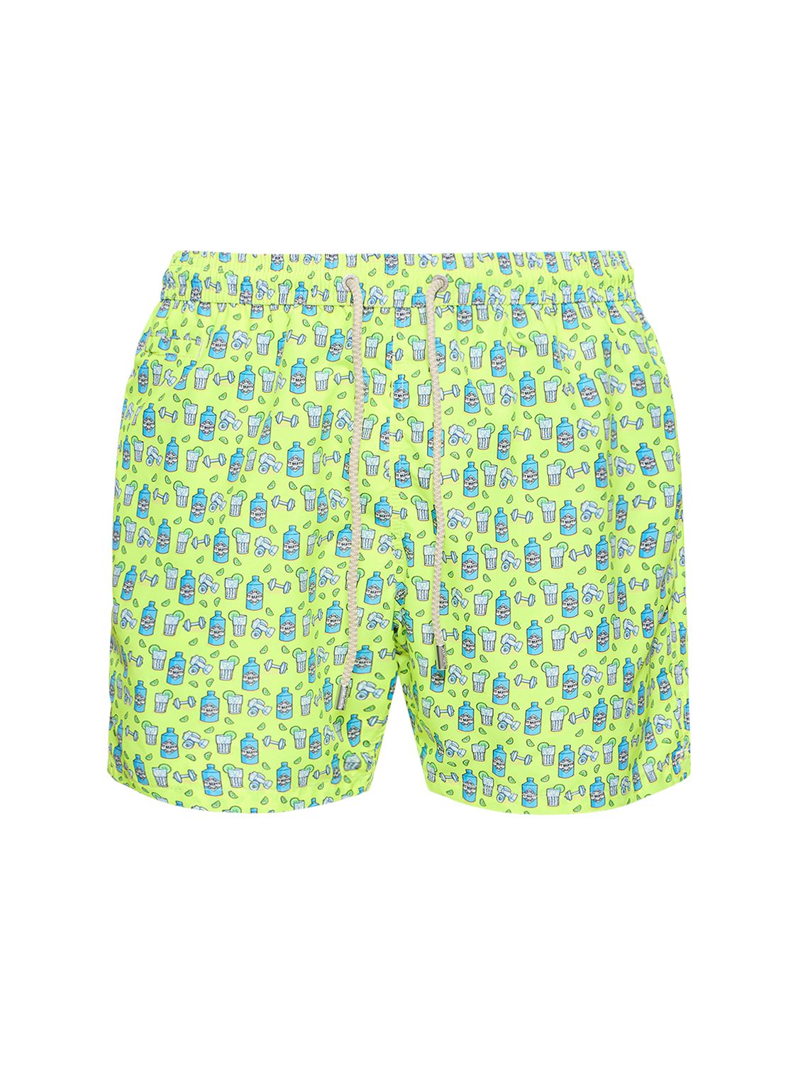 Mc2 Saint Barth Man Lightweight Fabric Swim-shorts Lighting Micro Fantasy With Gym And Gin Print In Yellow