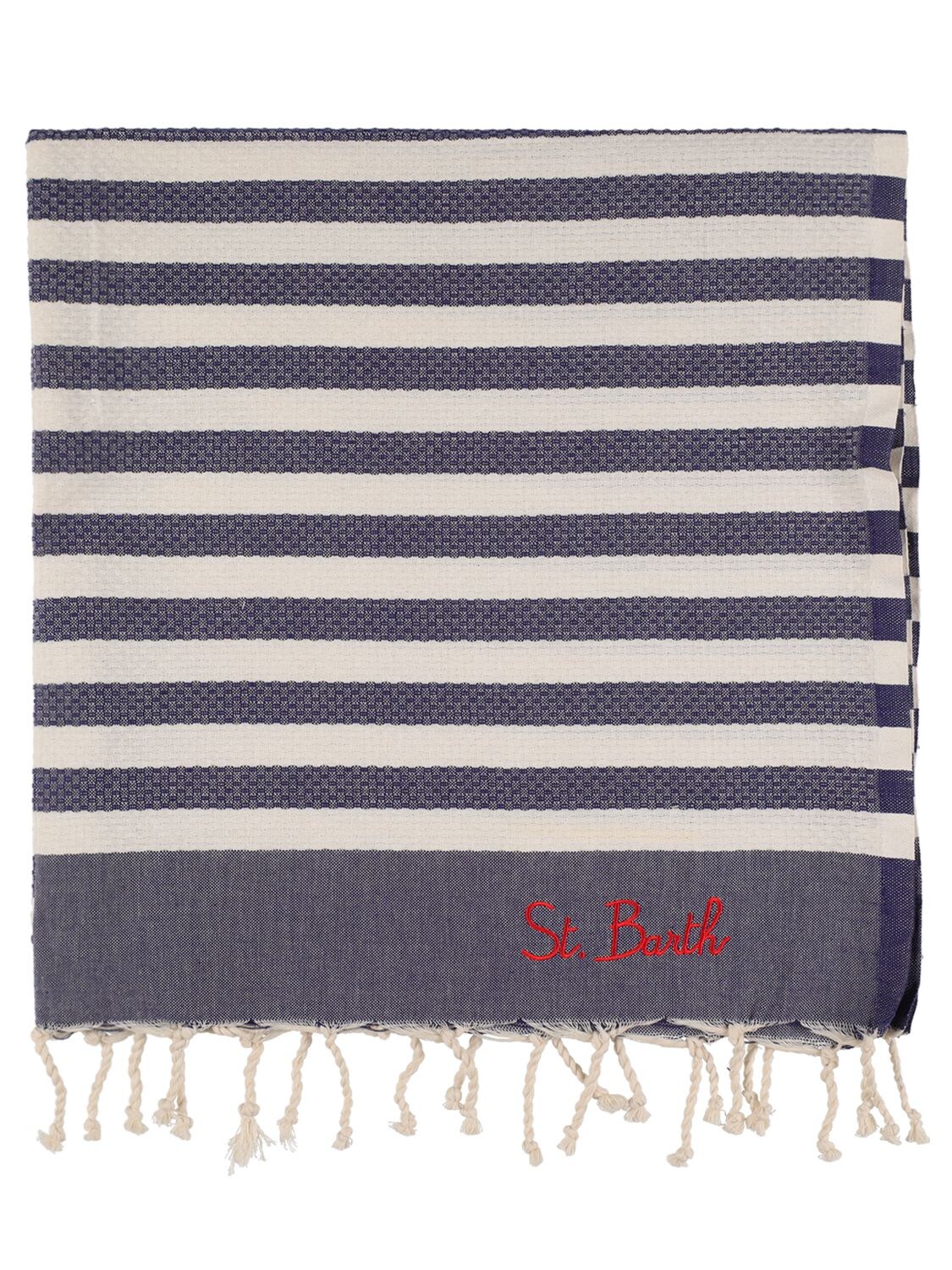 Mc2 Saint Barth Kids' Logo Striped Cotton Towel In White,navy