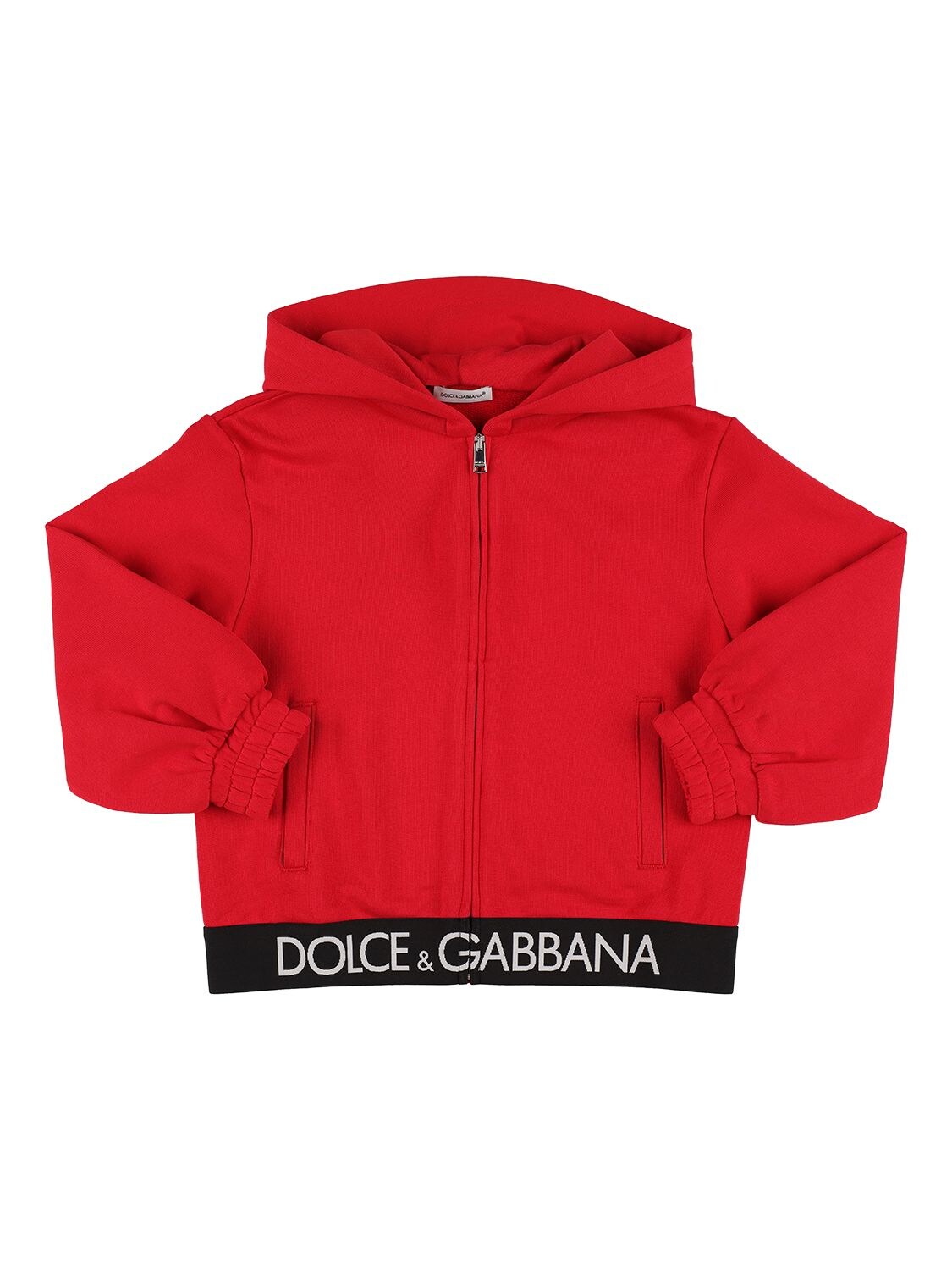 Dolce & Gabbana Kids' Cotton Zip-up Hoodie W/logo Tape In Red