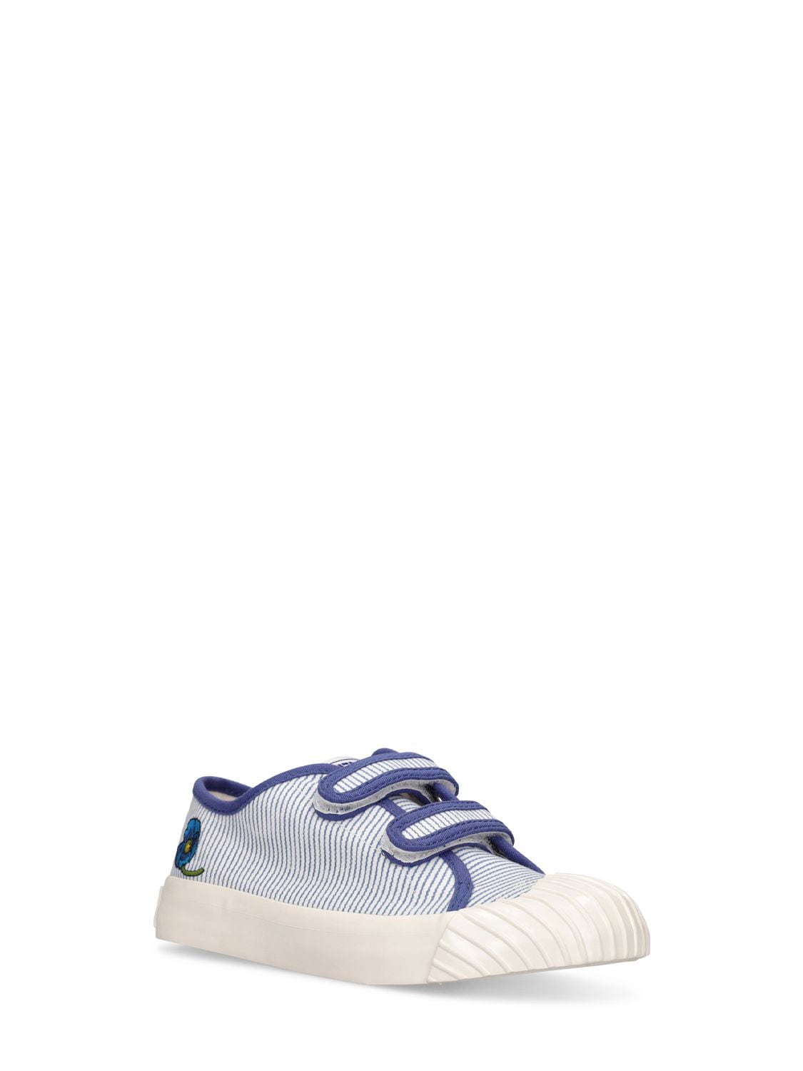 Shop Kenzo Striped Cotton Strap Sneakers In White,navyblue