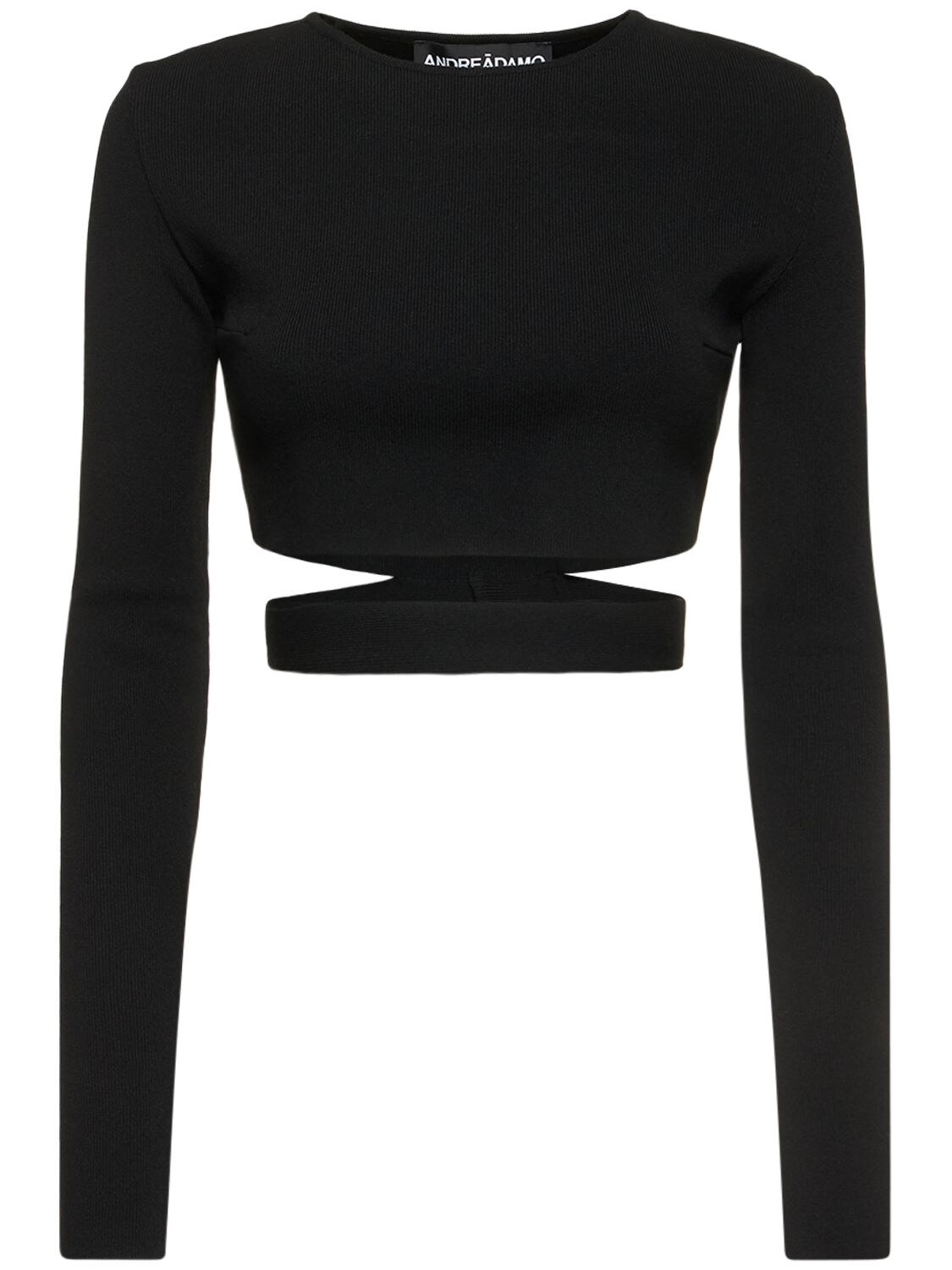 Andreädamo Stretch Knit Crop Top With Cut-out Belt In Black