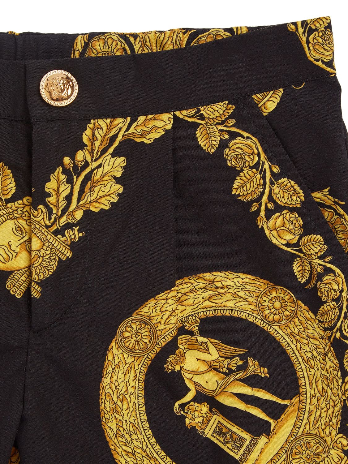 Shop Versace Baroque Cotton Poplin Shorts In Black,yellow