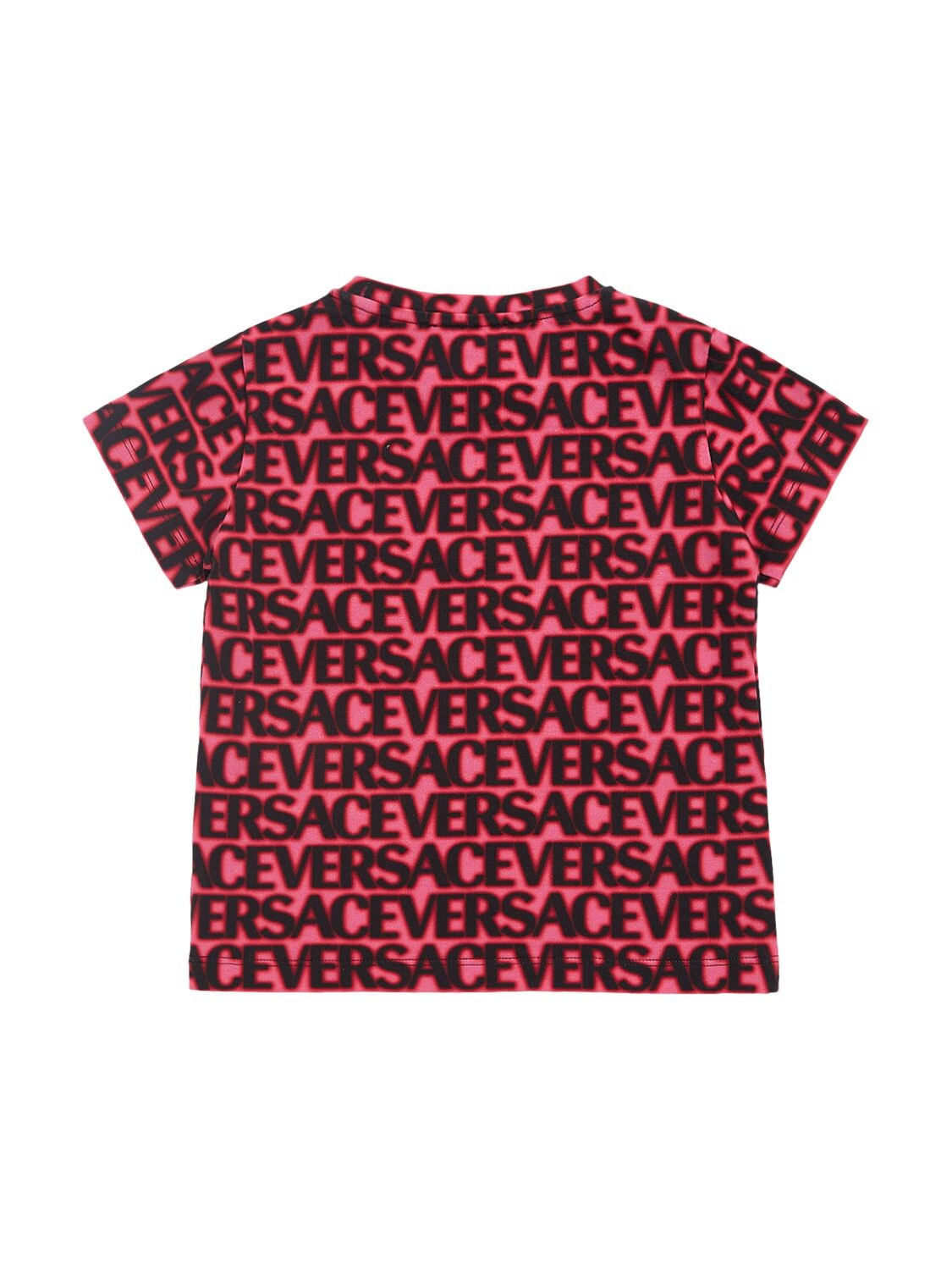 Shop Versace Logo Print Cotton Jersey T-shirt In Fuchsia,black