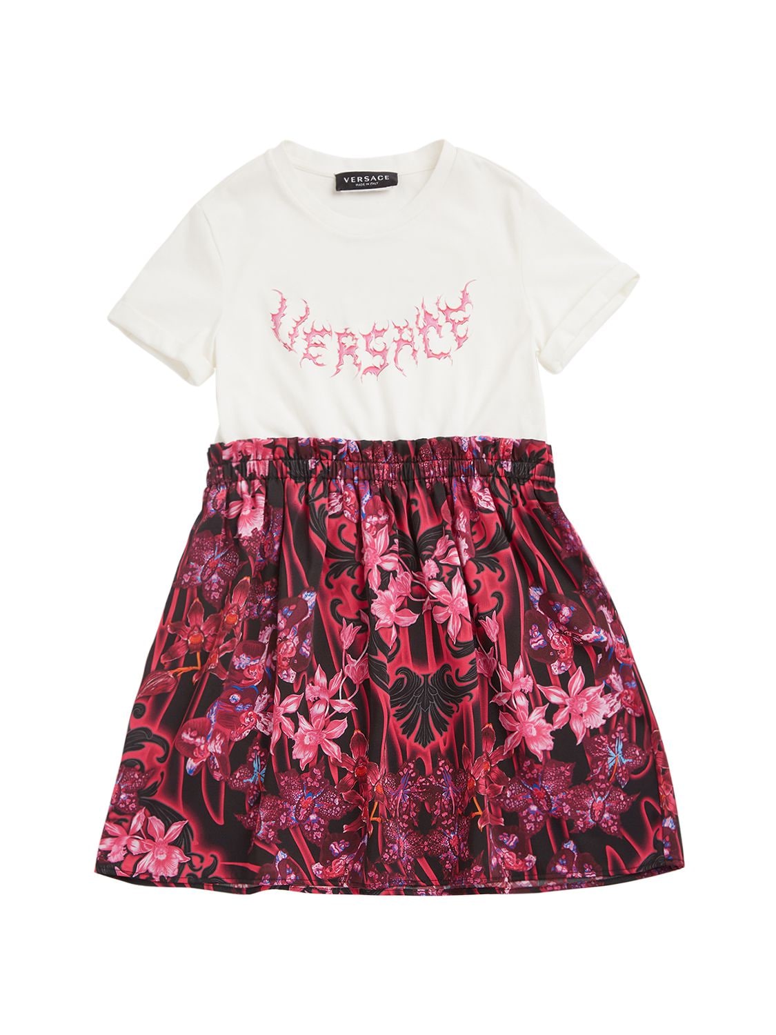 Versace Kids' Logo Print & Cotton Poplin Midi Dress In White,multi
