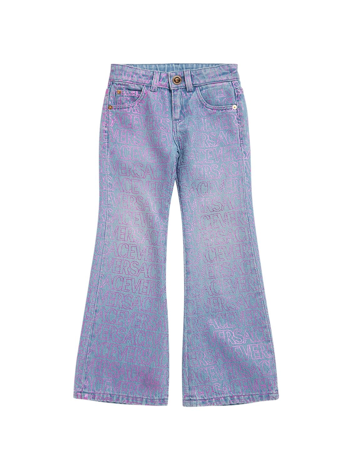 Versace Kids' All Over Logo Print Cotton Denim Jeans