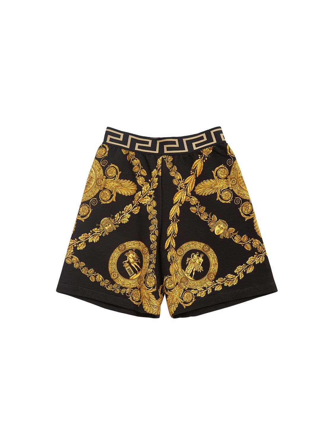 Versace Kids' Baroque Print Cotton Sweat Shorts In Black,yellow