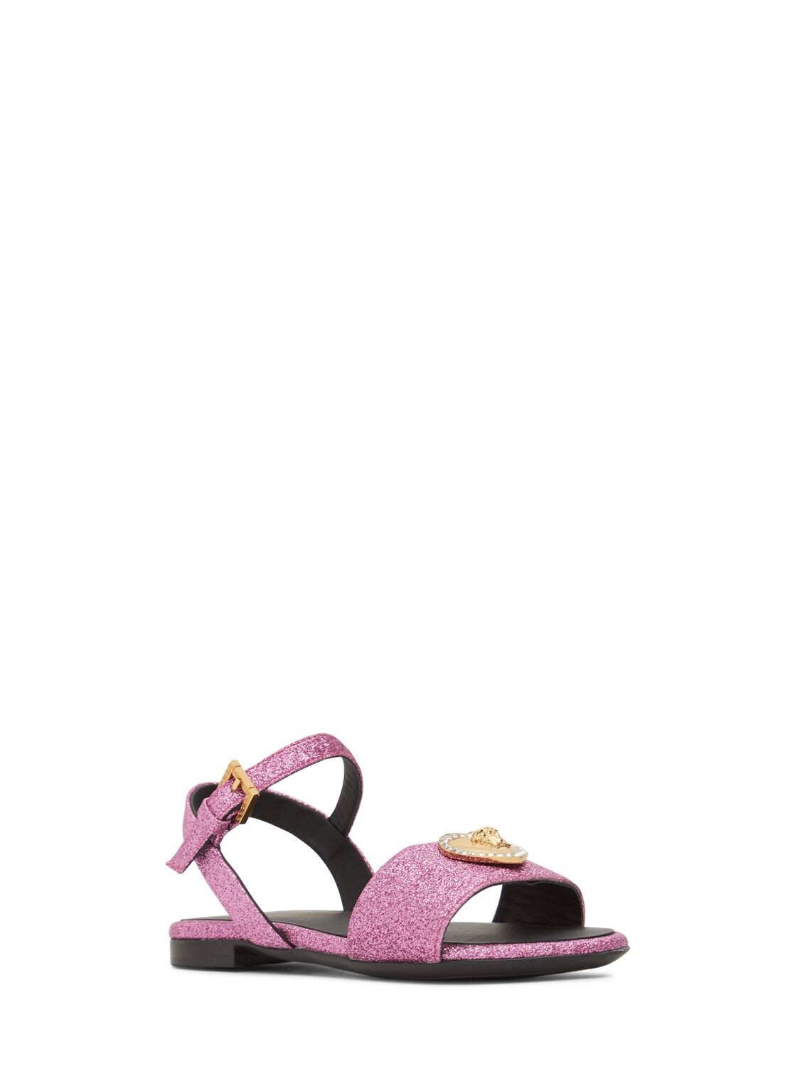 Shop Versace Glittered Sandals W/ Medusa Appliqué In Dark Pink