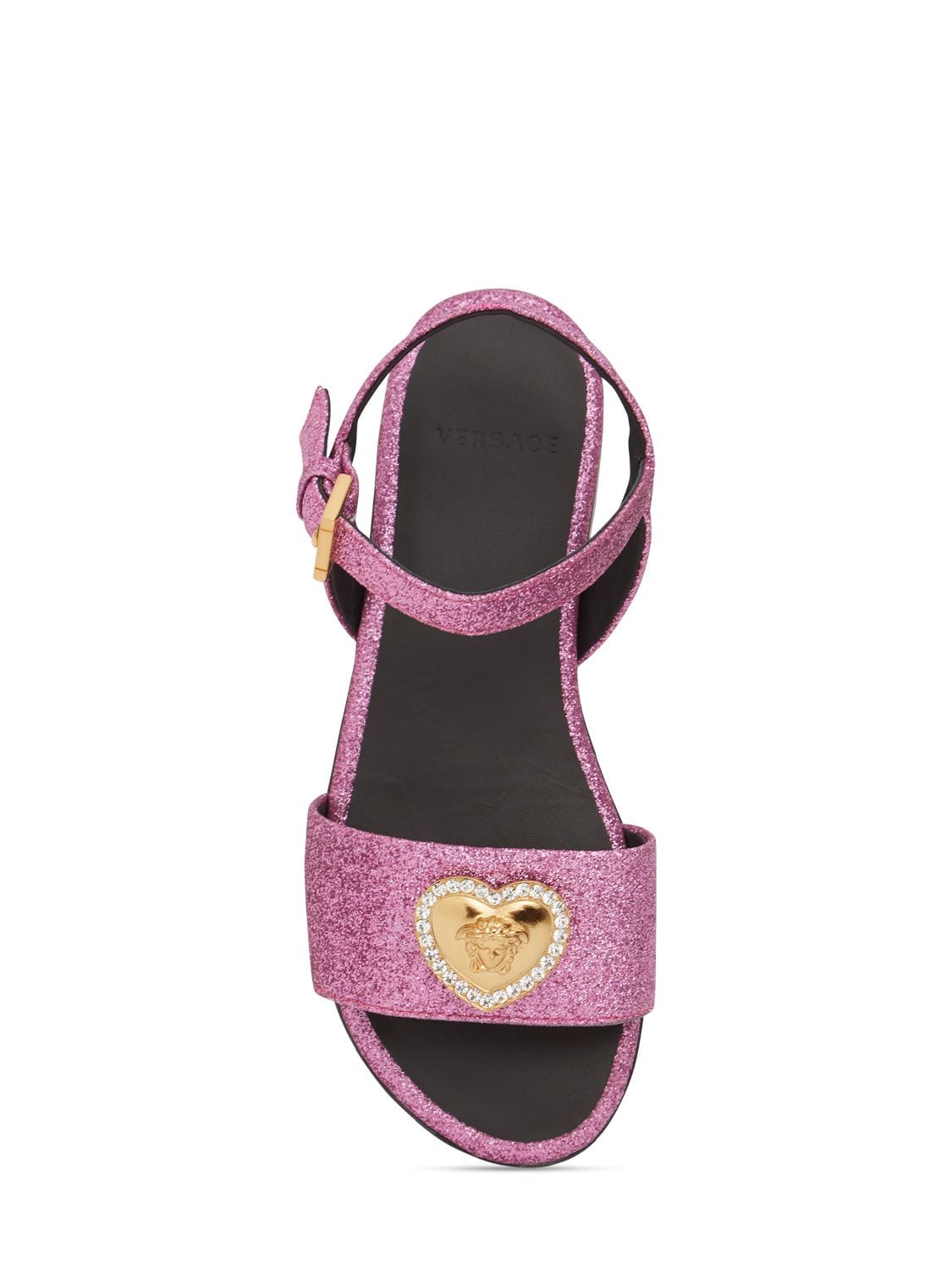 Shop Versace Glittered Sandals W/ Medusa Appliqué In Dark Pink