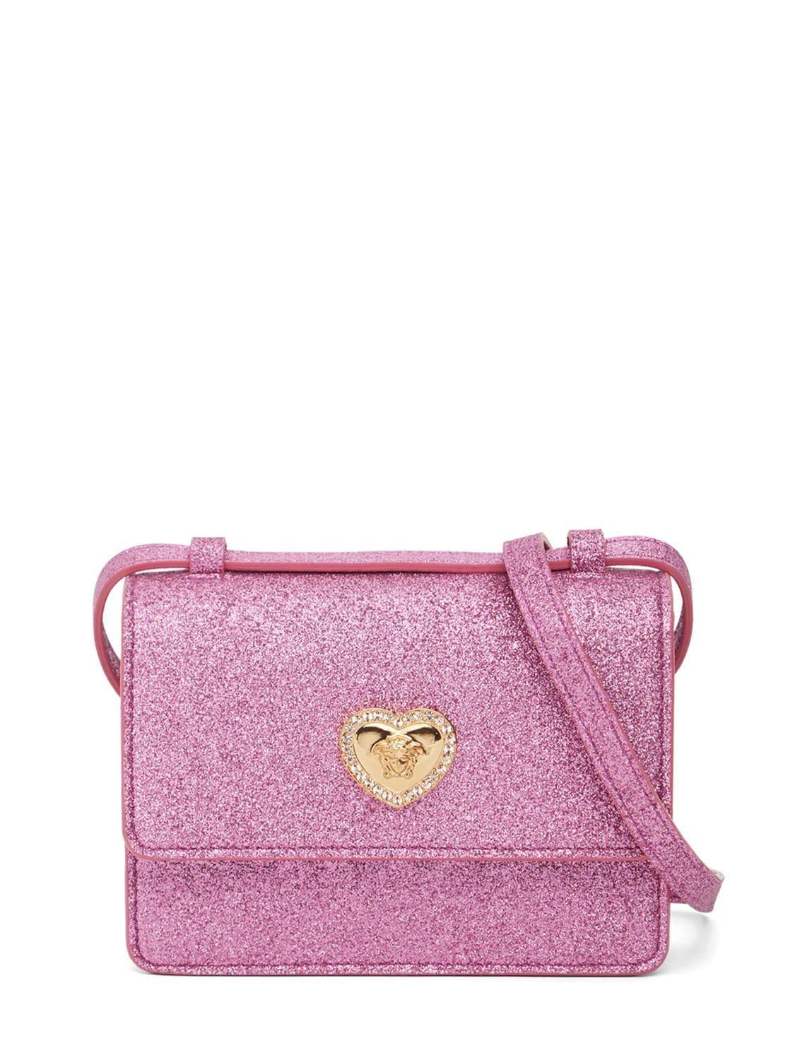 Versace Kids' Glittered Shoulder Bag W/medusa Appliqué In Dark Pink