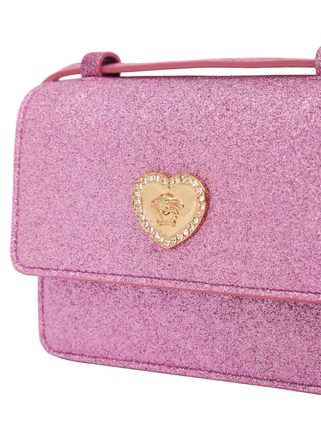 Shop Versace Glittered Shoulder Bag W/medusa Appliqué In Dark Pink