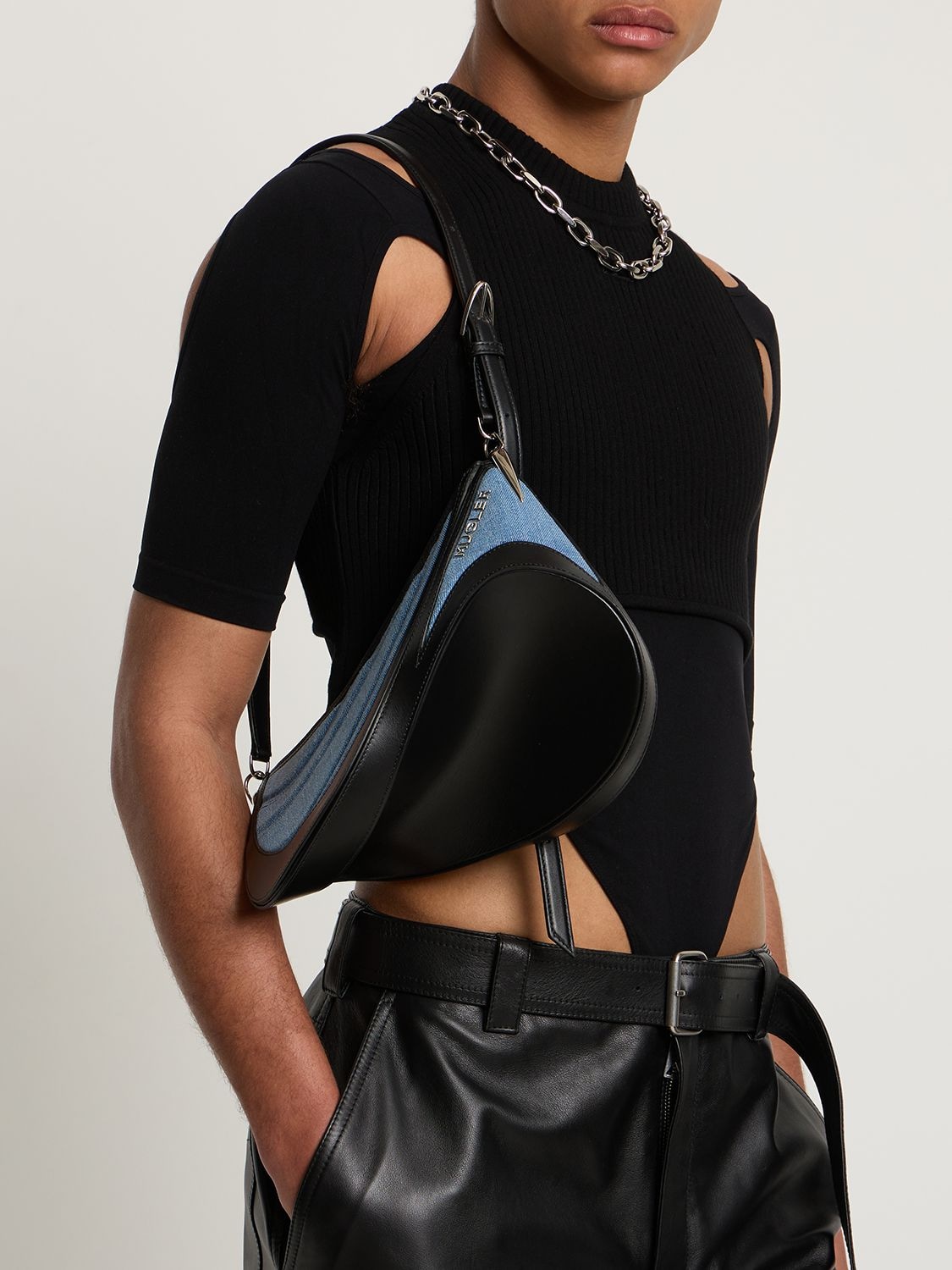 Shop Mugler Spiral Embossed Denim Shoulder Bag In Blue,black
