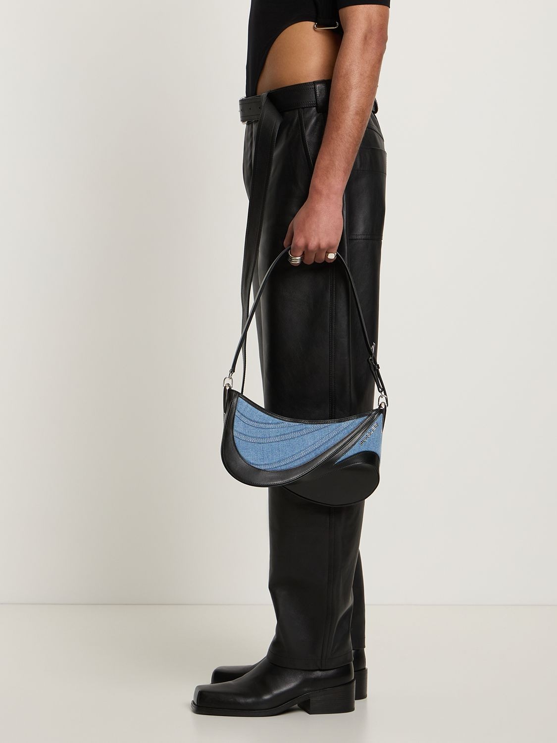 Shop Mugler Spiral Embossed Denim Shoulder Bag In Blue,black