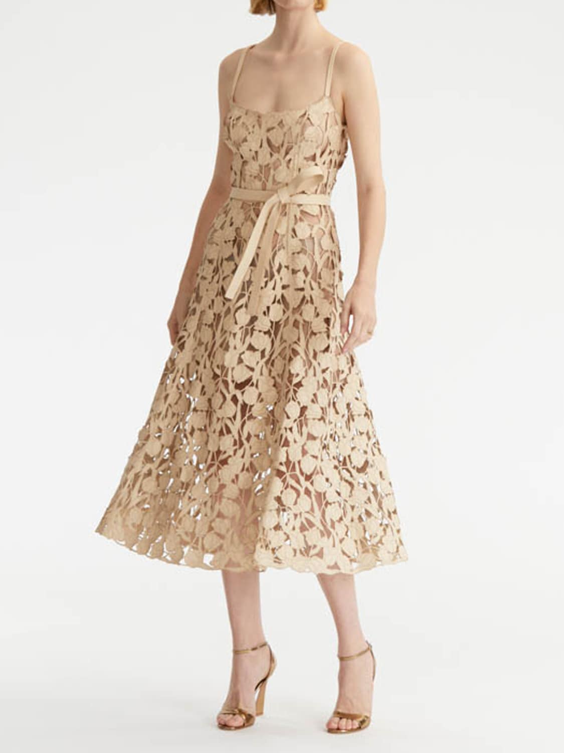 Oscar De La Renta Floral Lasercut Leather Midi Dress In Beige