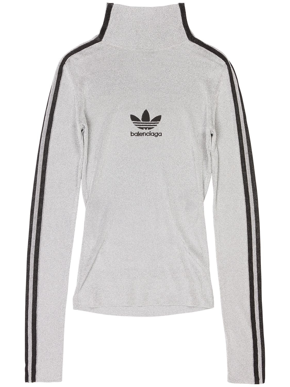 Shop Balenciaga Adidas Athletic Mock Neck Lurex Top In Silver,black