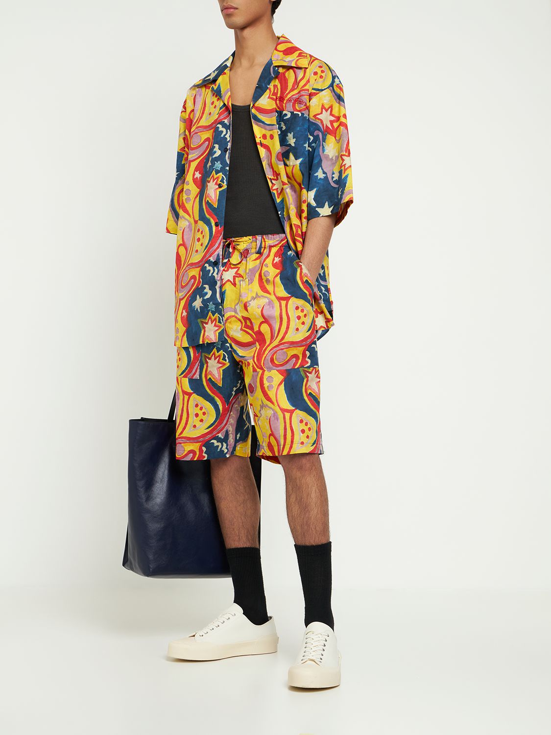 Shop Marni Printed Cotton Shorts In Royal Blue