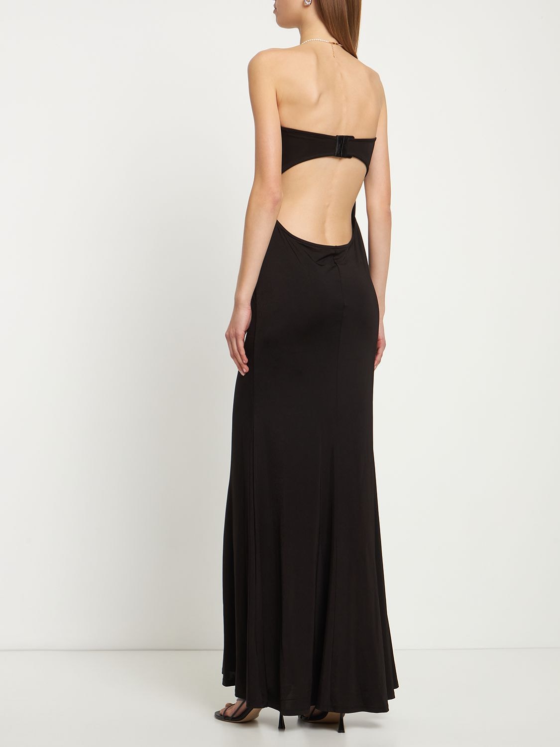 Shop Reformation Athens Stretch Knit Long Strapless Dress In Black