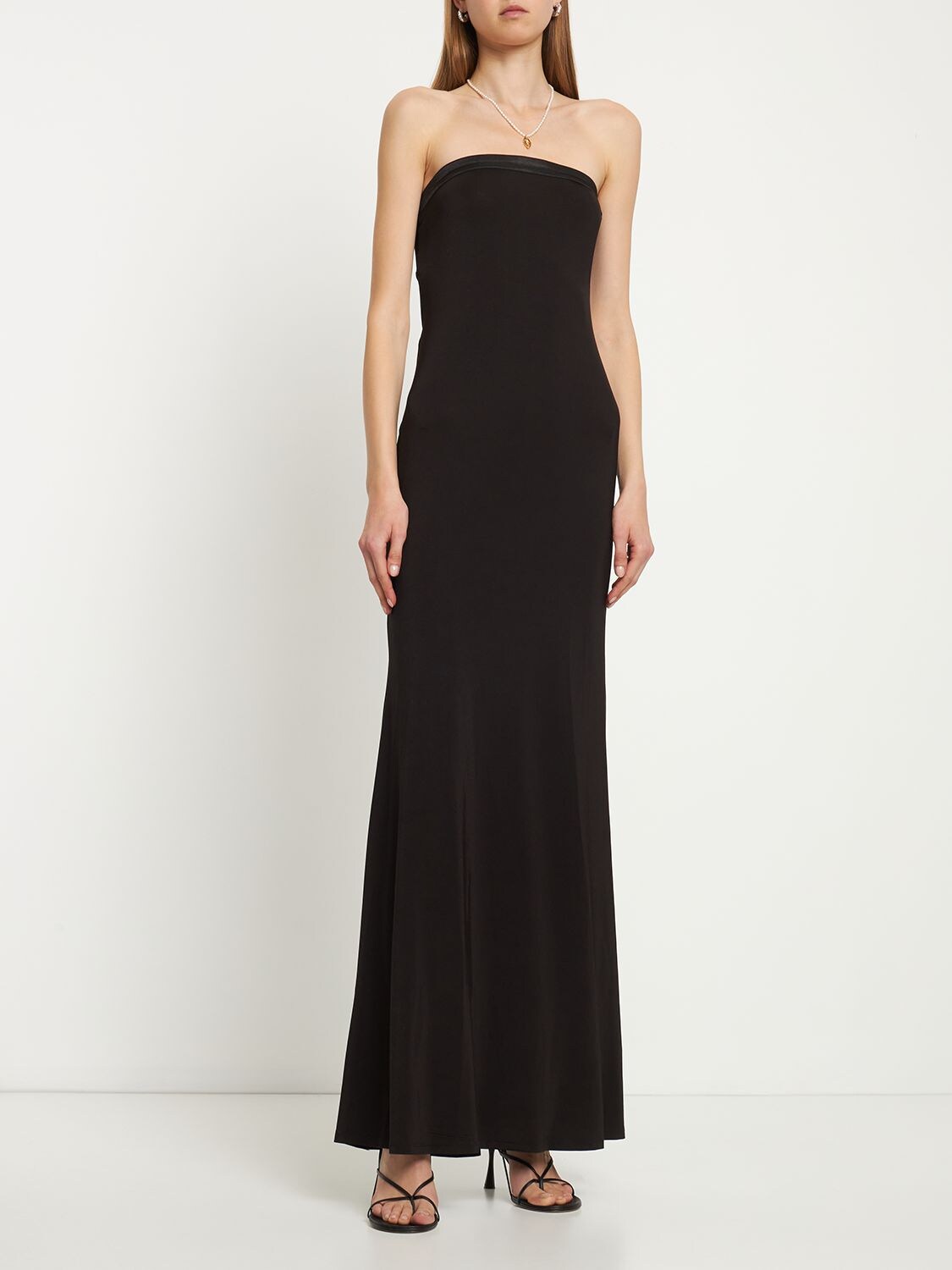 Shop Reformation Athens Stretch Knit Long Strapless Dress In Black