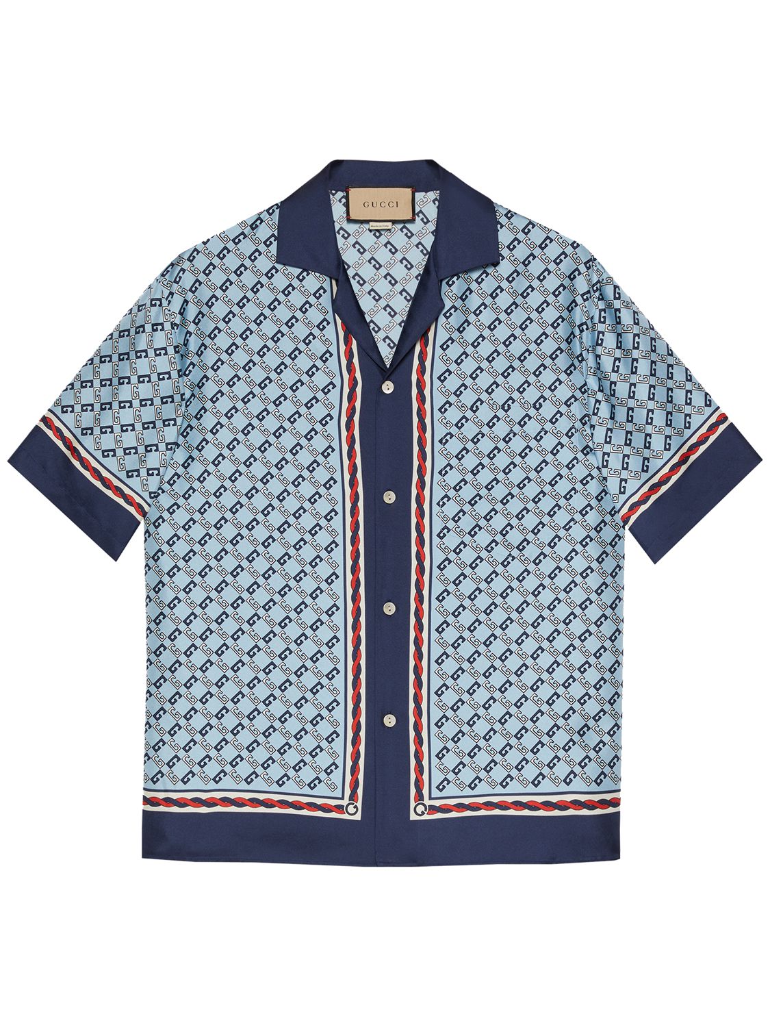 Gucci Geometric Square G Print Silk Shirt In Blue