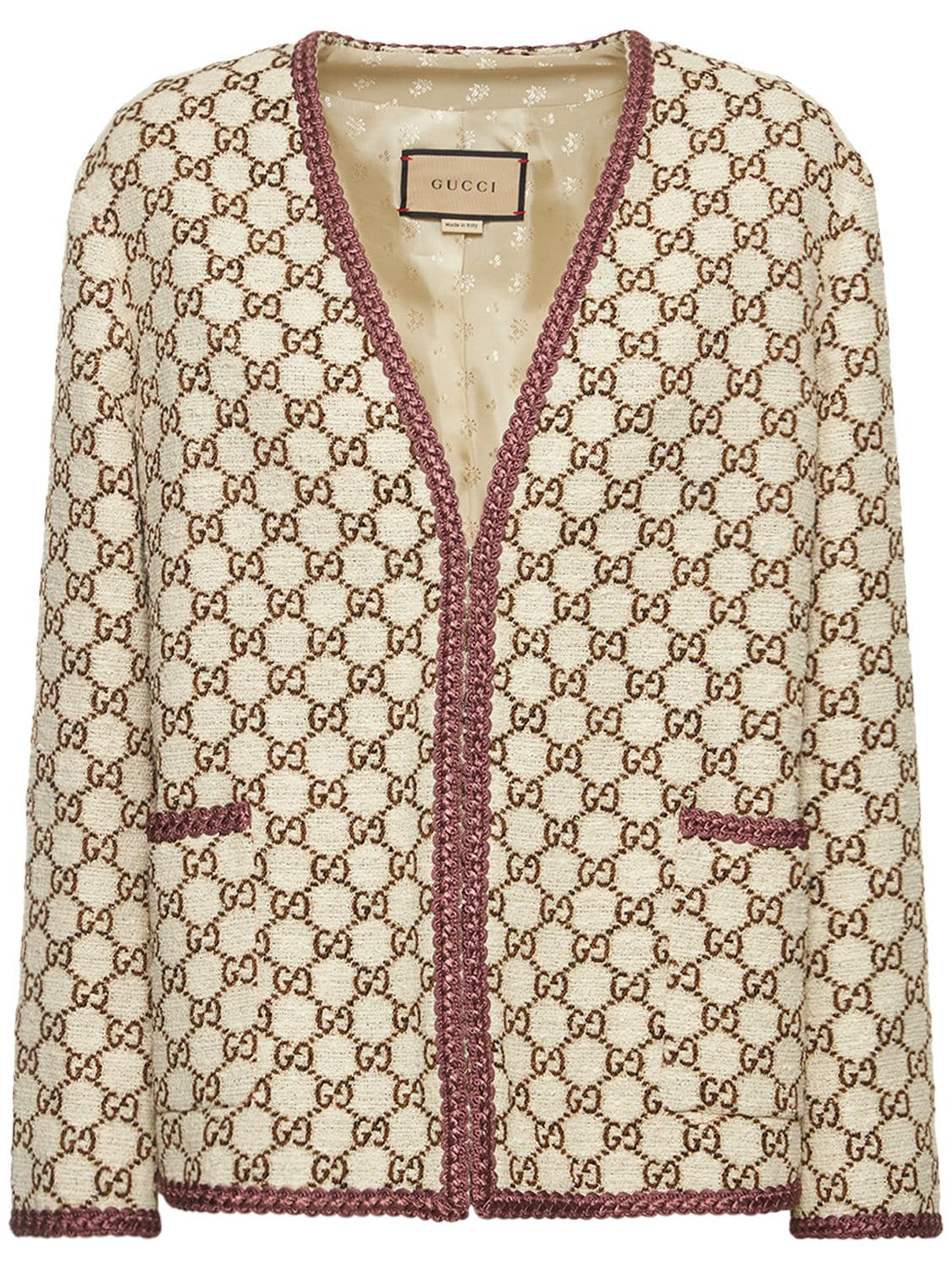 Shop Gucci Maxi Gg Canvas Wool Blend Tweed Jacket In Beige,brown