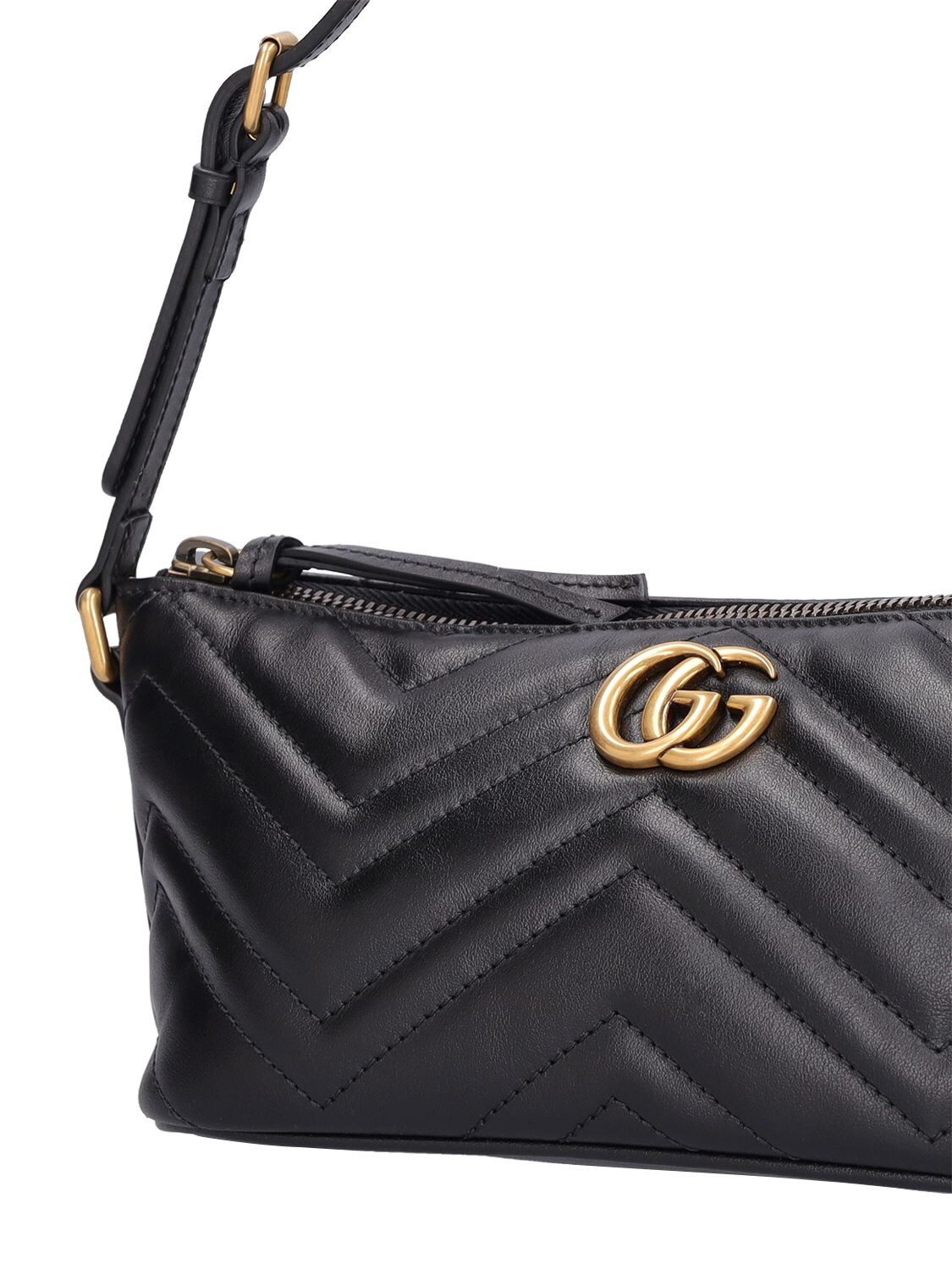 GUCCI Calfskin Matelasse Mini GG Marmont Chain Shoulder Bag Black