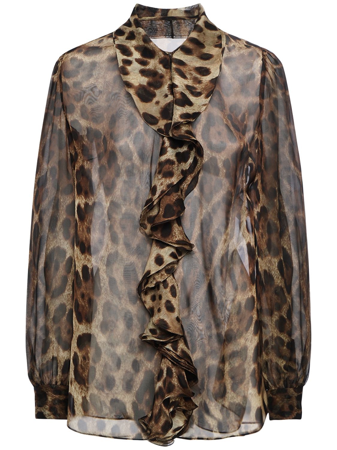 Image of Leopard Print Ruffled Silk Chiffon Shirt