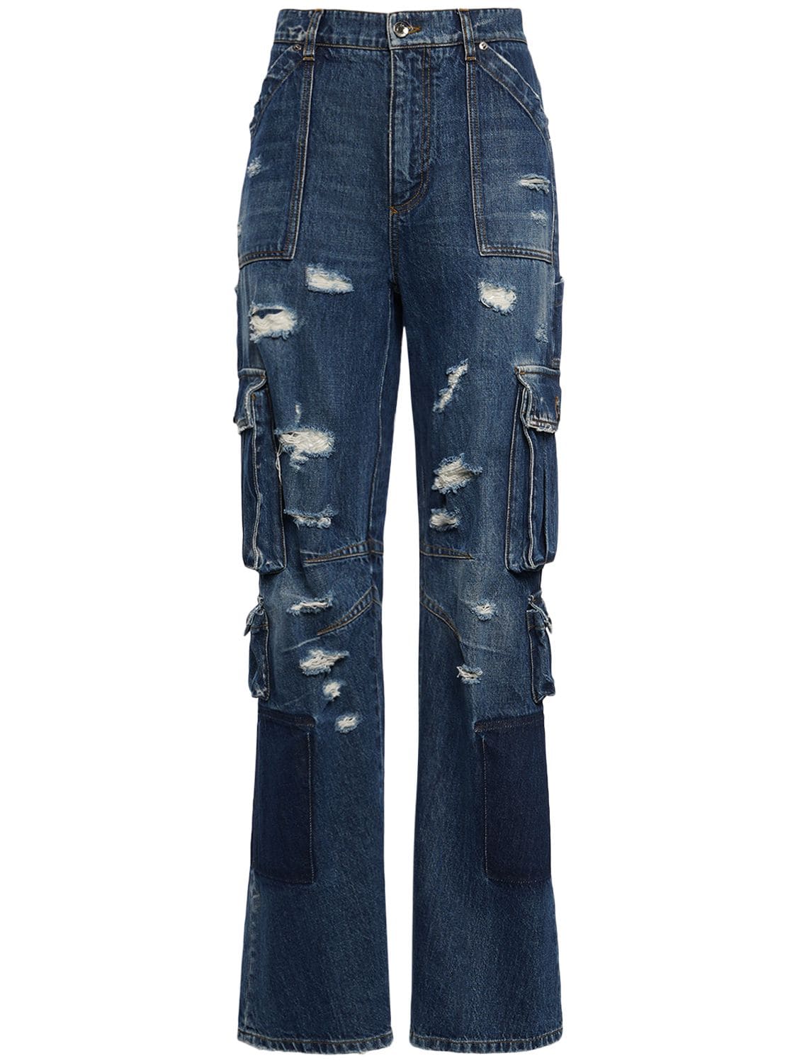 Shop Dolce & Gabbana Distressed Cargo Jeans W/metal Logo In Blue
