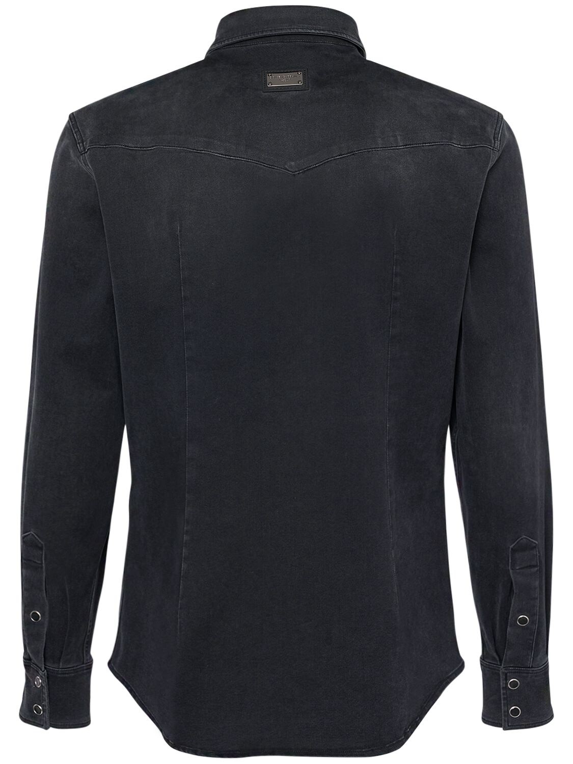 Shop Dolce & Gabbana Washed Denim Shirt W/logo In Dark Grey