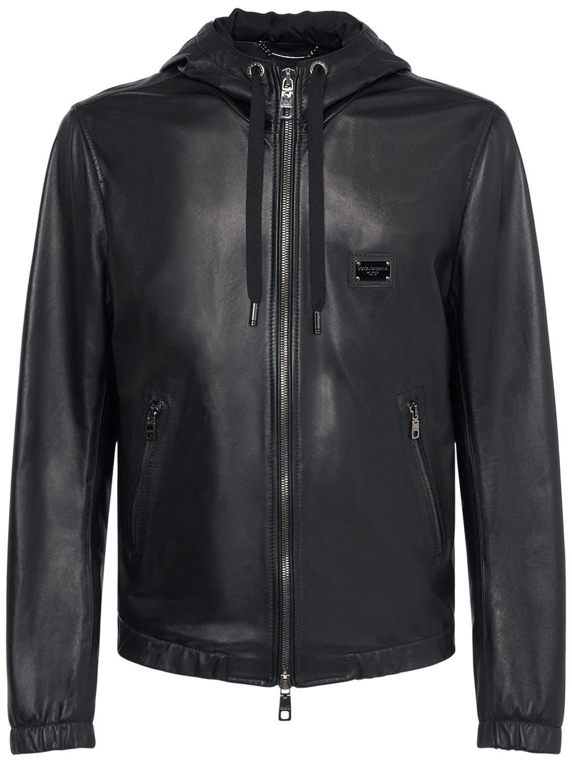 Leather Hoodie W/logo Plaque – MEN > CLOTHING > JACKETS