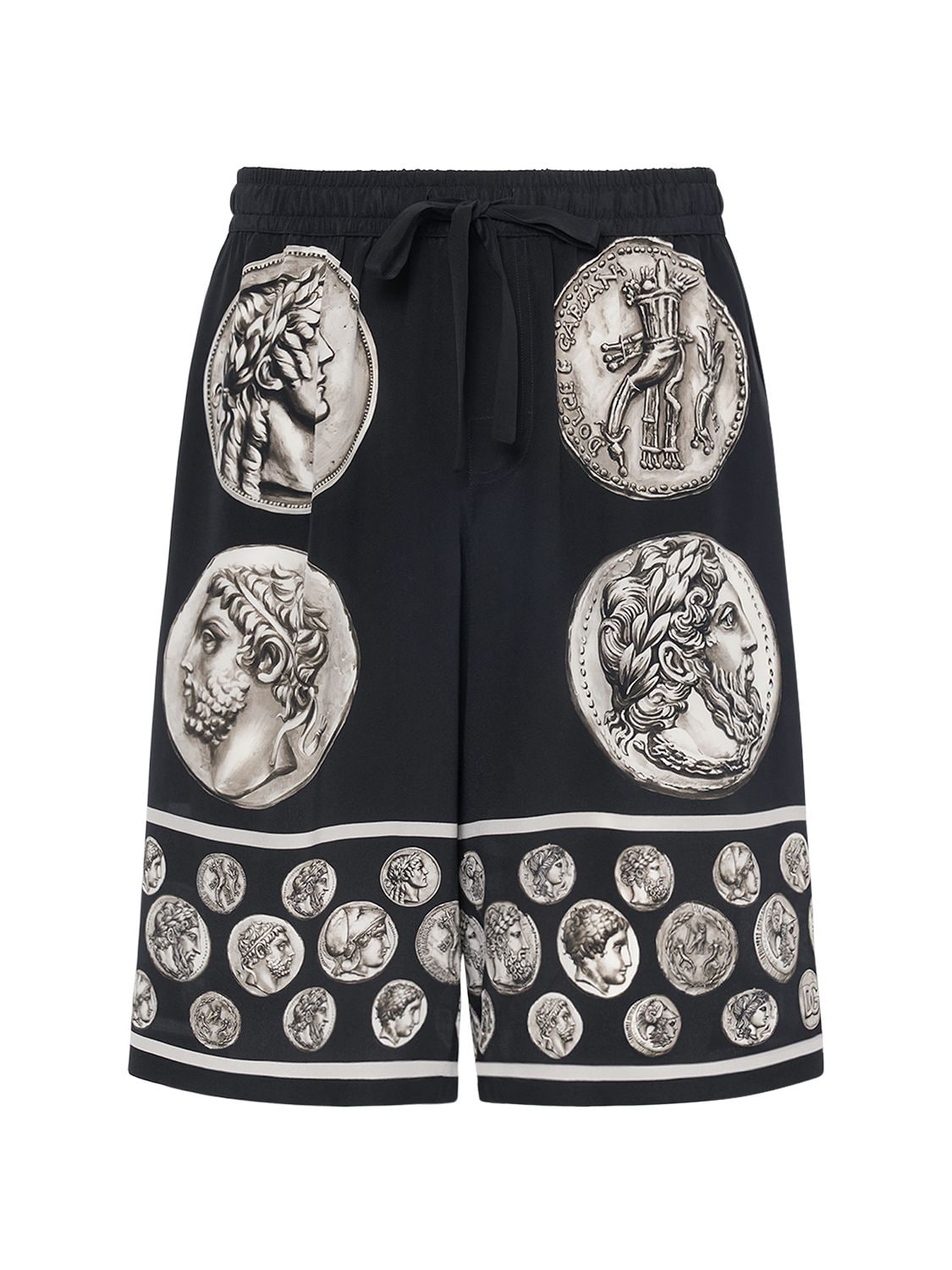 Dolce & Gabbana Ancient Coins Printed Silk Shorts In Black