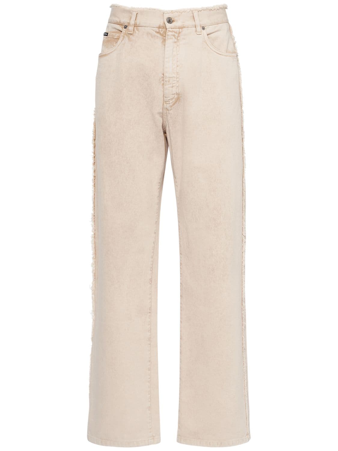 Shop Dolce & Gabbana Wide Cotton Denim Jeans W/logo Plaque In Beige
