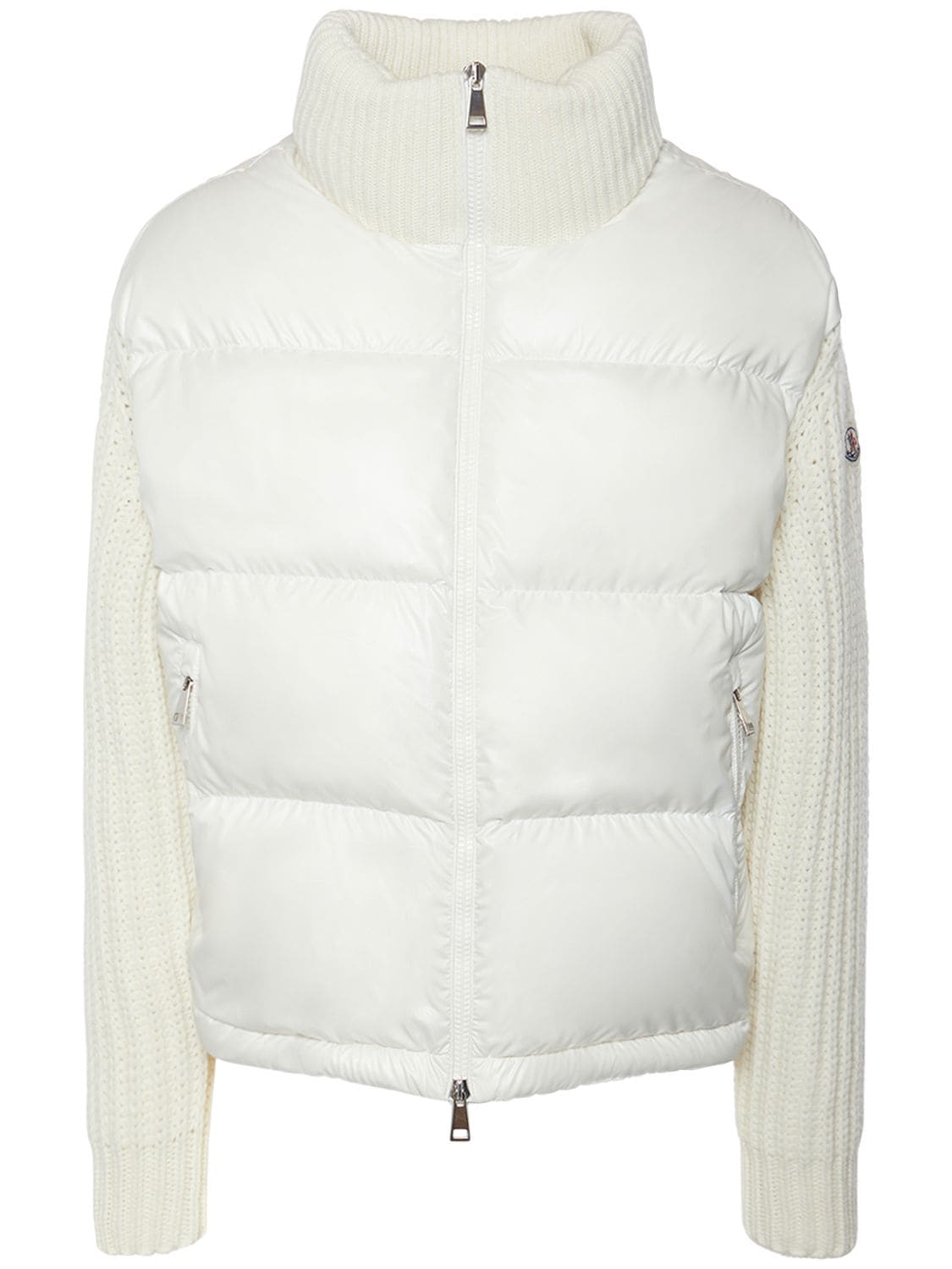 Moncler Wool Knit & Nylon Down Cardigan Jacket In Weiss