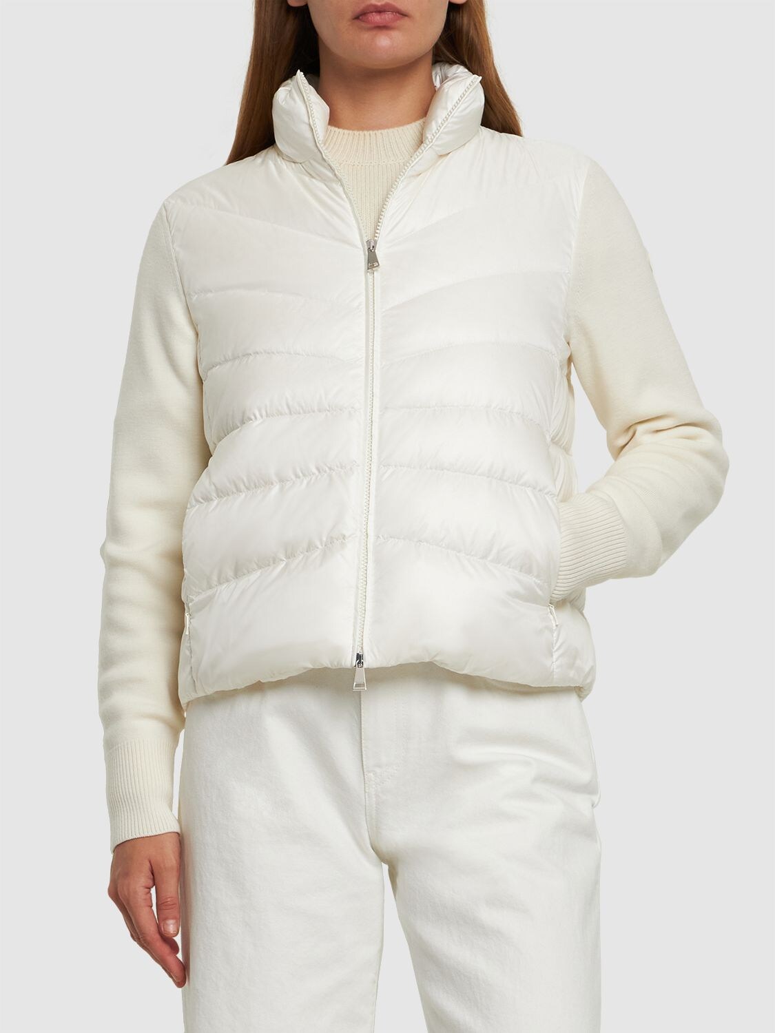 Shop Moncler Tricot Wool Knit & Nylon Down Cardigan In White