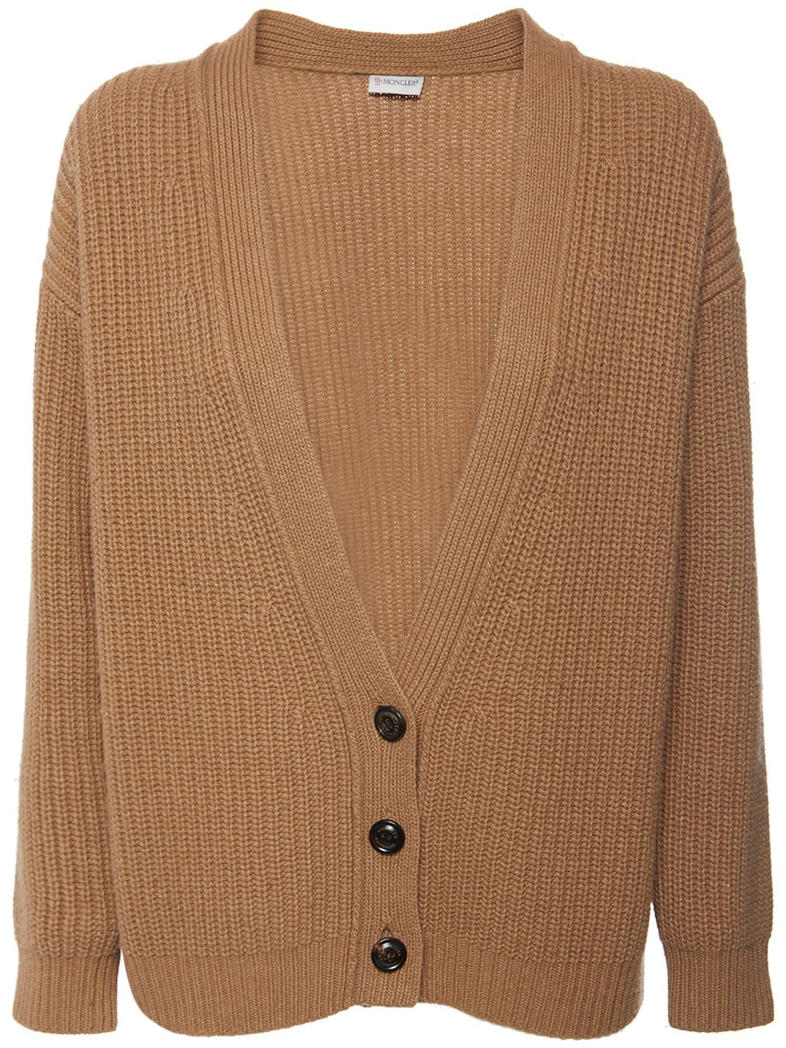 Shop Moncler Tricot Wool Blend Cardigan In Camel