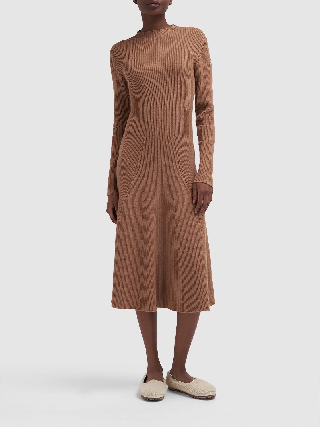 Shop Moncler Tricot Wool Blend Dress In Beige