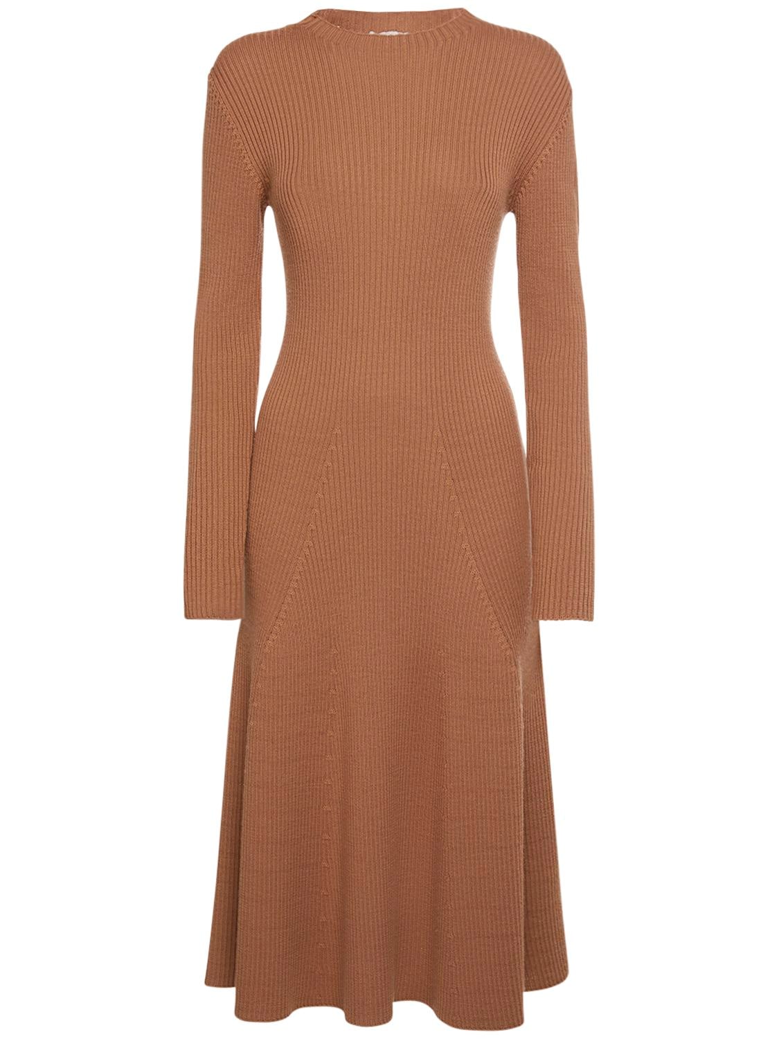 Moncler Tricot Wool Blend Dress In Brown
