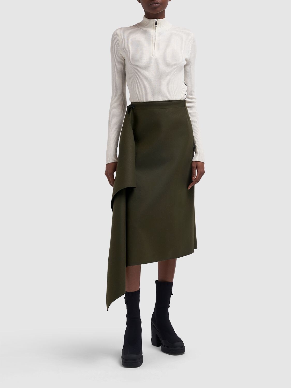 Shop Moncler Wool & Cashmere Midi Skirt In Olive Green