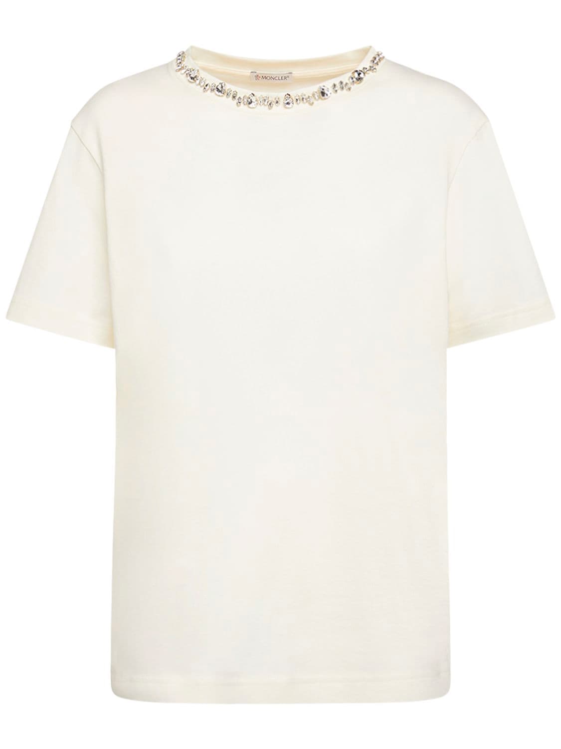 Moncler Embellished Cotton Jersey T-shirt In Natural