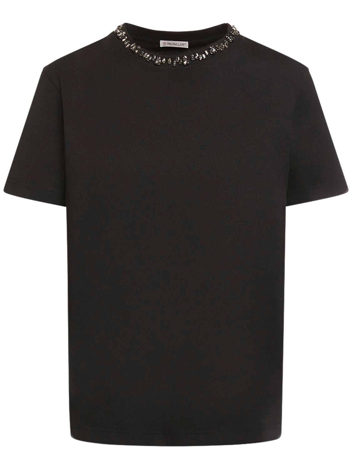 Moncler Embellished Cotton Jersey T-shirt In Black