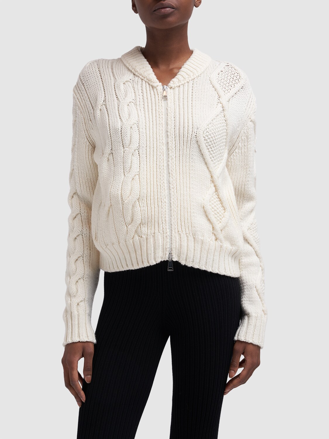 Shop Moncler Tricot Wool Down Cardigan In Natural