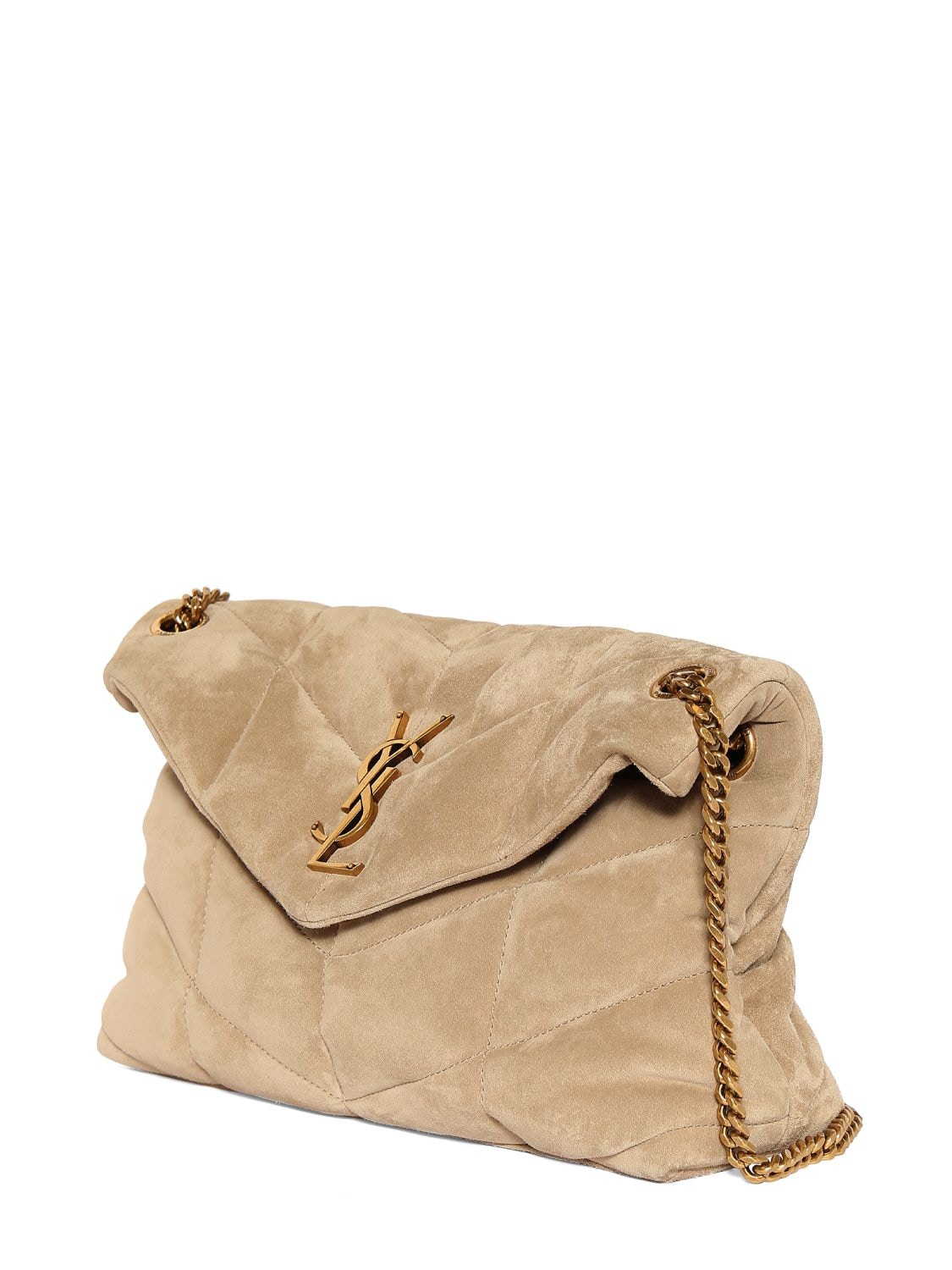 Shop Saint Laurent Small Puffer Suede Shoulder Bag In Matt Gold