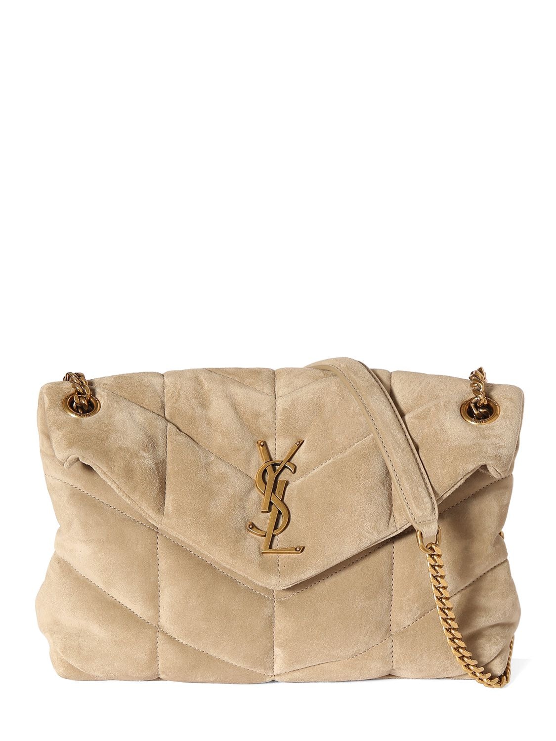 Shop Saint Laurent Small Puffer Suede Shoulder Bag In Matt Gold