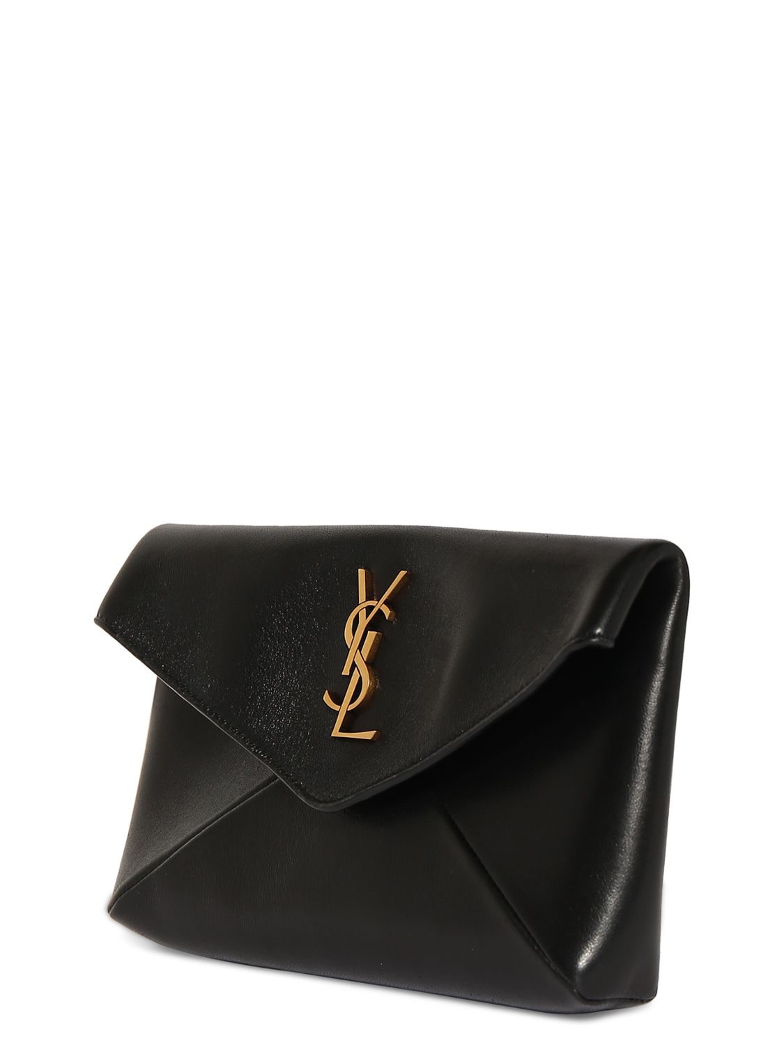 Shop Saint Laurent Small Cassandre Leather Envelope Pouch In Black