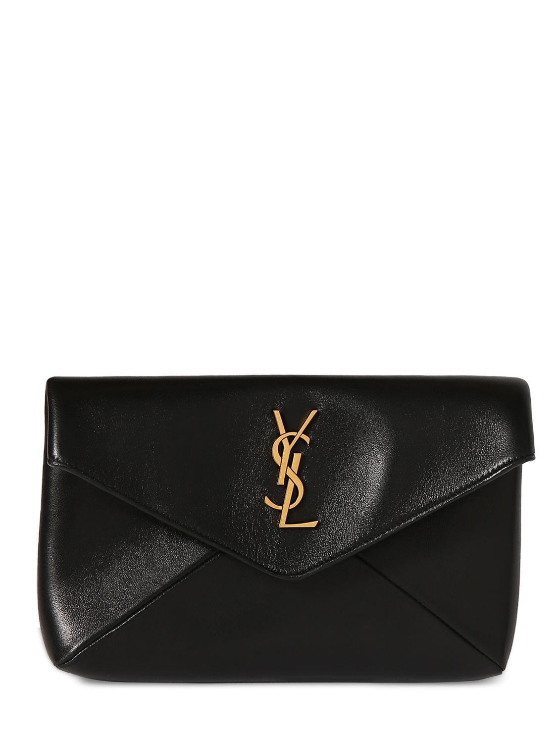 Shop Saint Laurent Small Cassandre Leather Envelope Pouch In Black