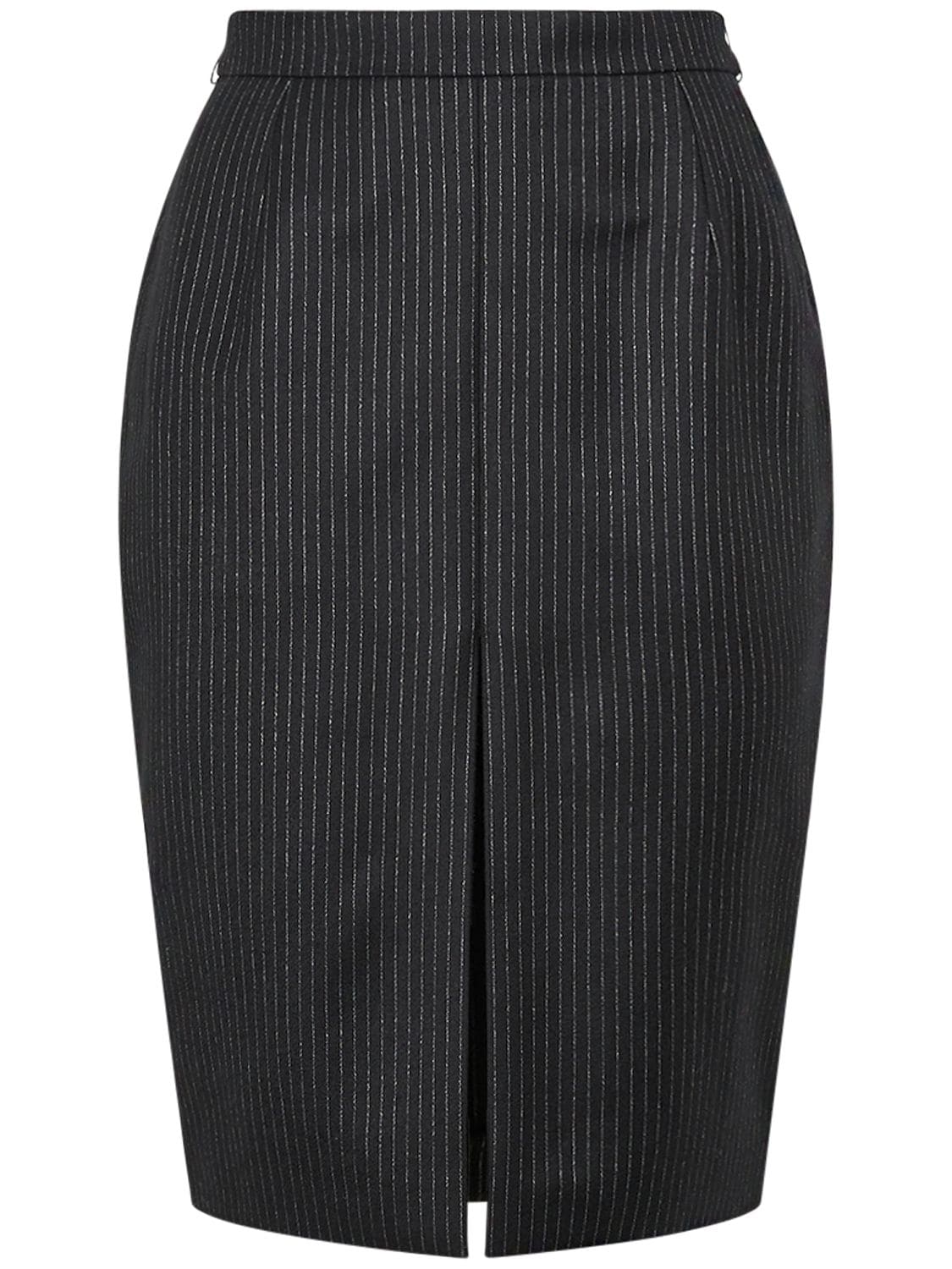 Shop Saint Laurent Pinstriped Wool Blend Midi Skirt In Black,silver