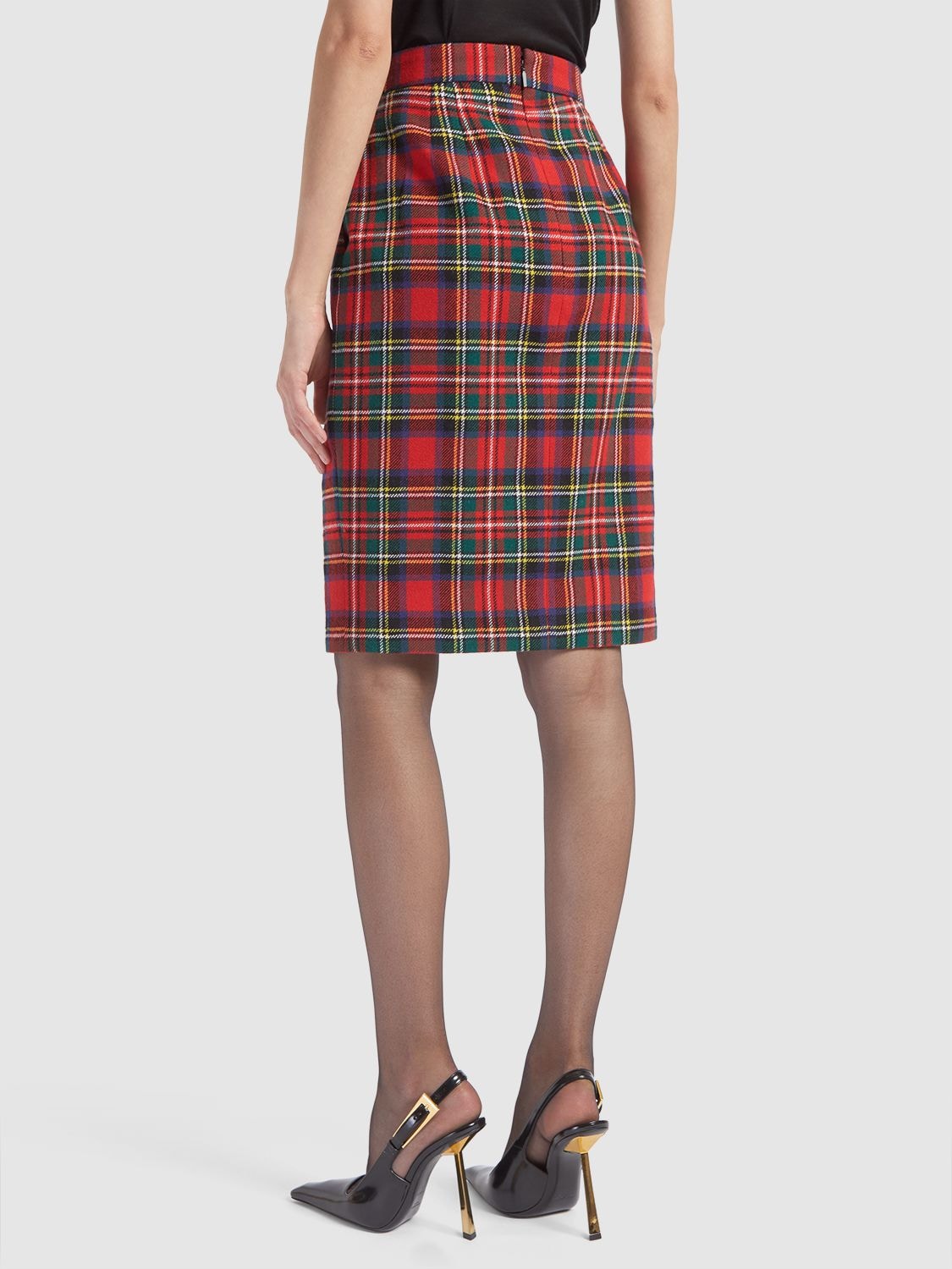 Shop Saint Laurent Wool Blend Tartan Midi Skirt In Rouge,multi