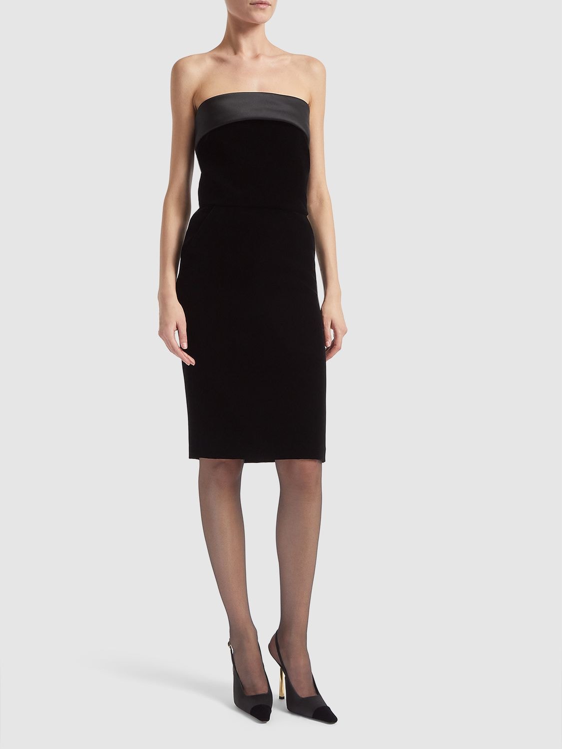 Shop Saint Laurent Viscose Blend Strapless Midi Dress In Black