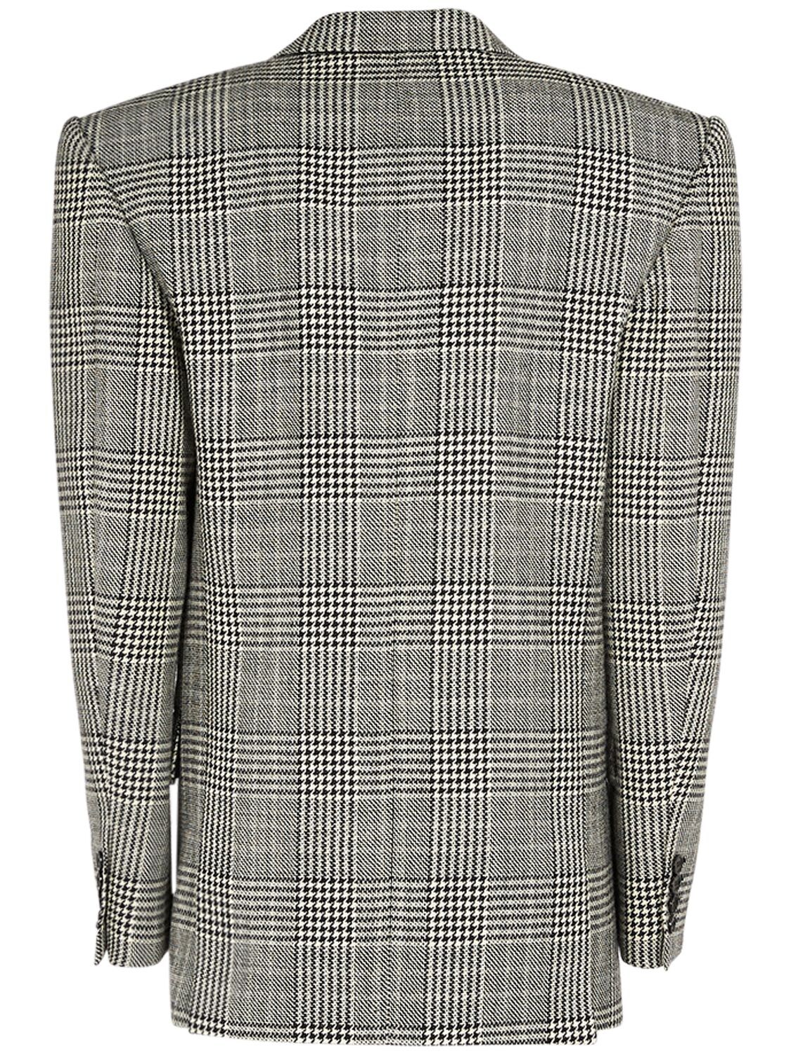 Shop Saint Laurent Double Breasted Plaid Wool Jacket In Noir Craie,grey