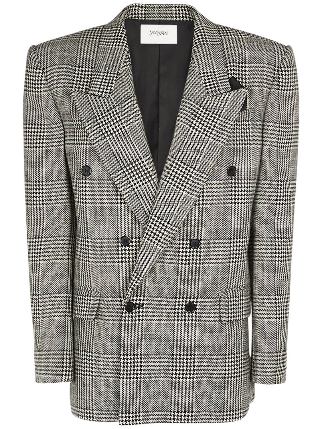 Saint Laurent Double Breasted Plaid Wool Jacket In Noir Craie,grey