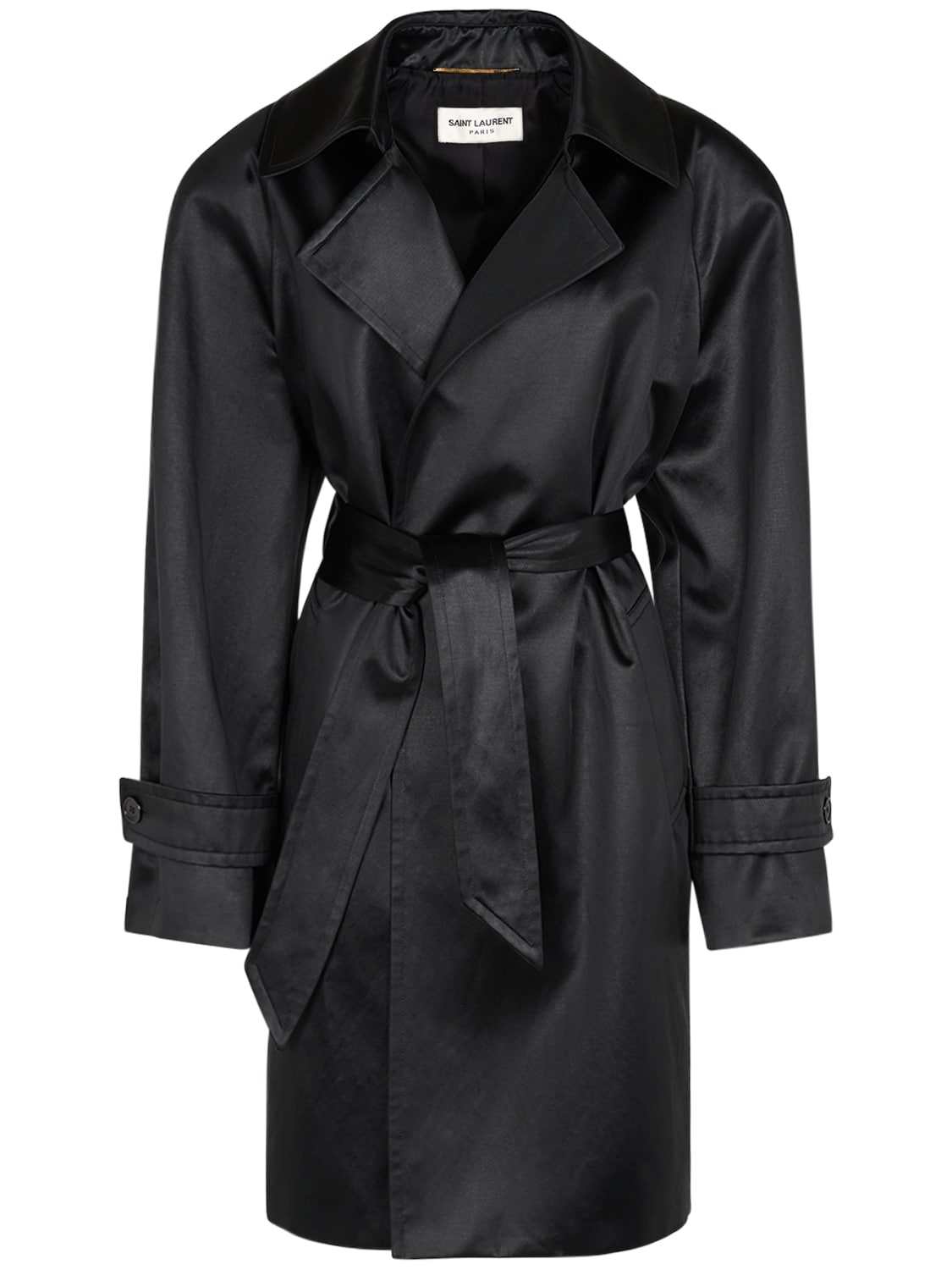 Saint Laurent Belted Cotton Blend Trench Coat In Black