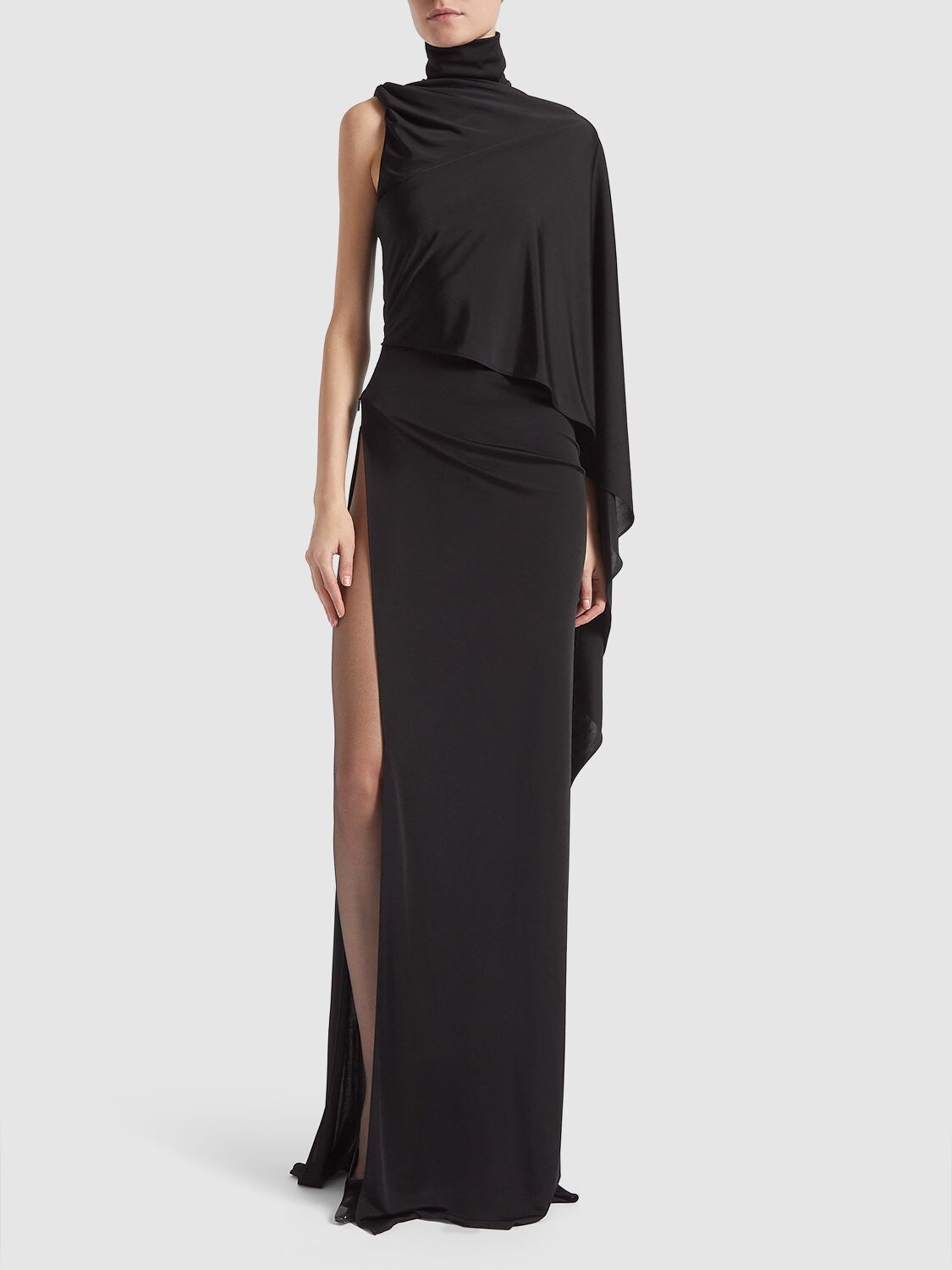 Shop Saint Laurent Draped Viscose Long Dress In Black